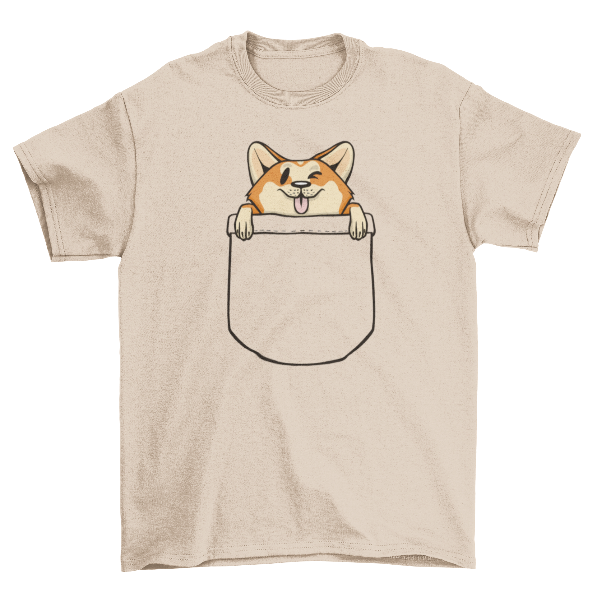 A stylish t-shirt featuring a cute corgi dog design in a pocket, perfect for dog lovers.