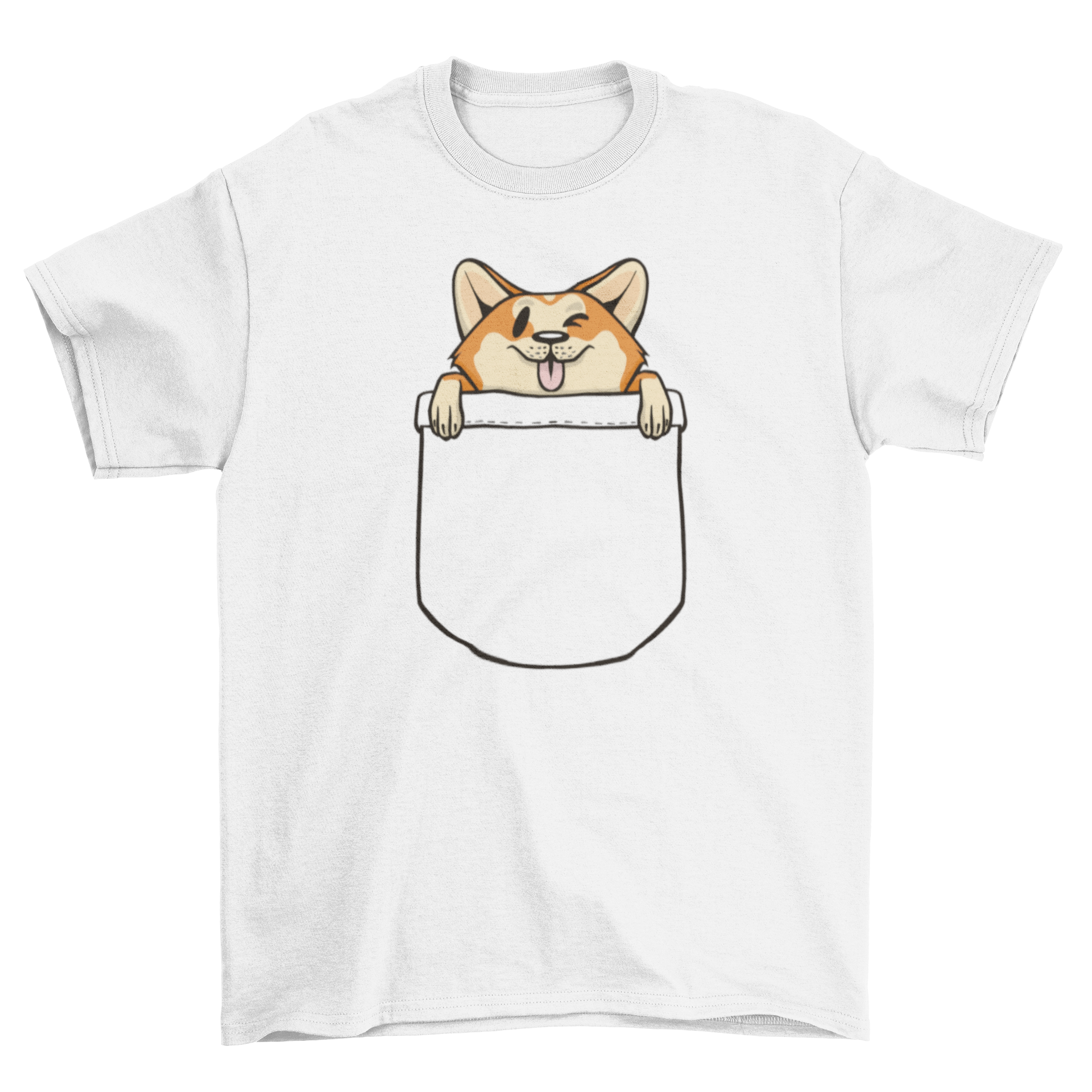 A stylish t-shirt featuring a cute corgi dog design in a pocket, perfect for dog lovers.