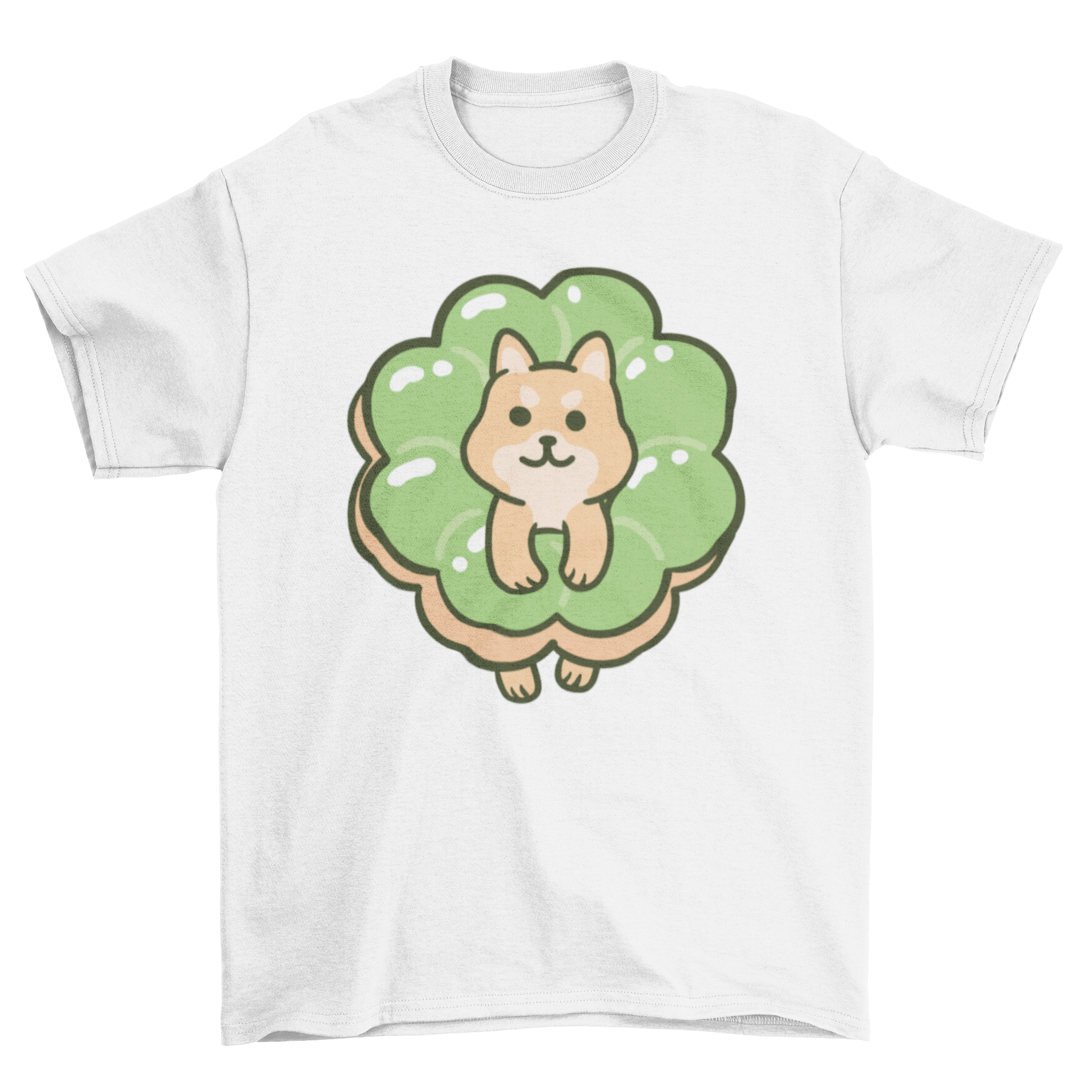 A cute t-shirt featuring a corgi dog inside a matcha donut, showcasing a playful and colorful design.