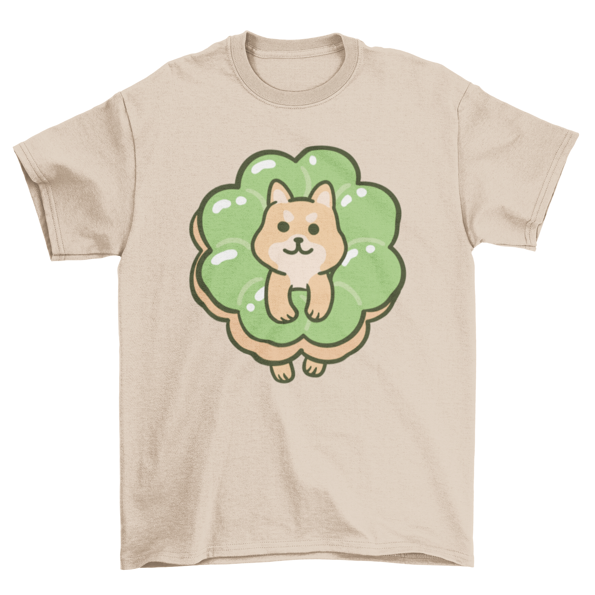 A cute t-shirt featuring a corgi dog inside a matcha donut, showcasing a playful and colorful design.