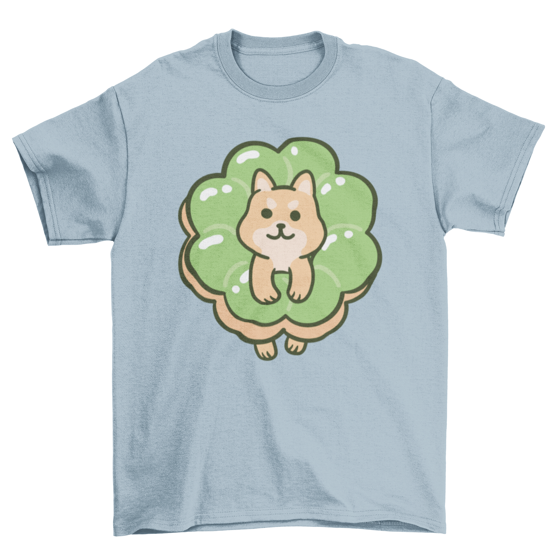 A cute t-shirt featuring a corgi dog inside a matcha donut, showcasing a playful and colorful design.