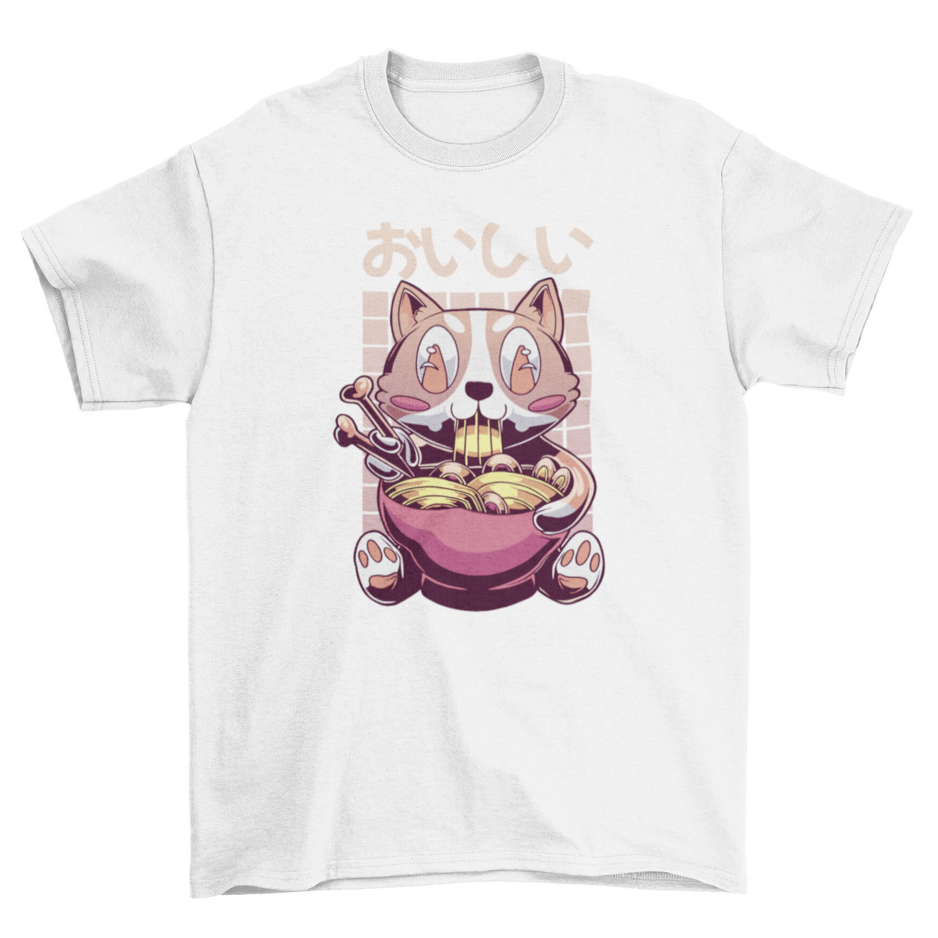 A vibrant t-shirt featuring a cute corgi dog eating ramen in a colorful vaporwave style.