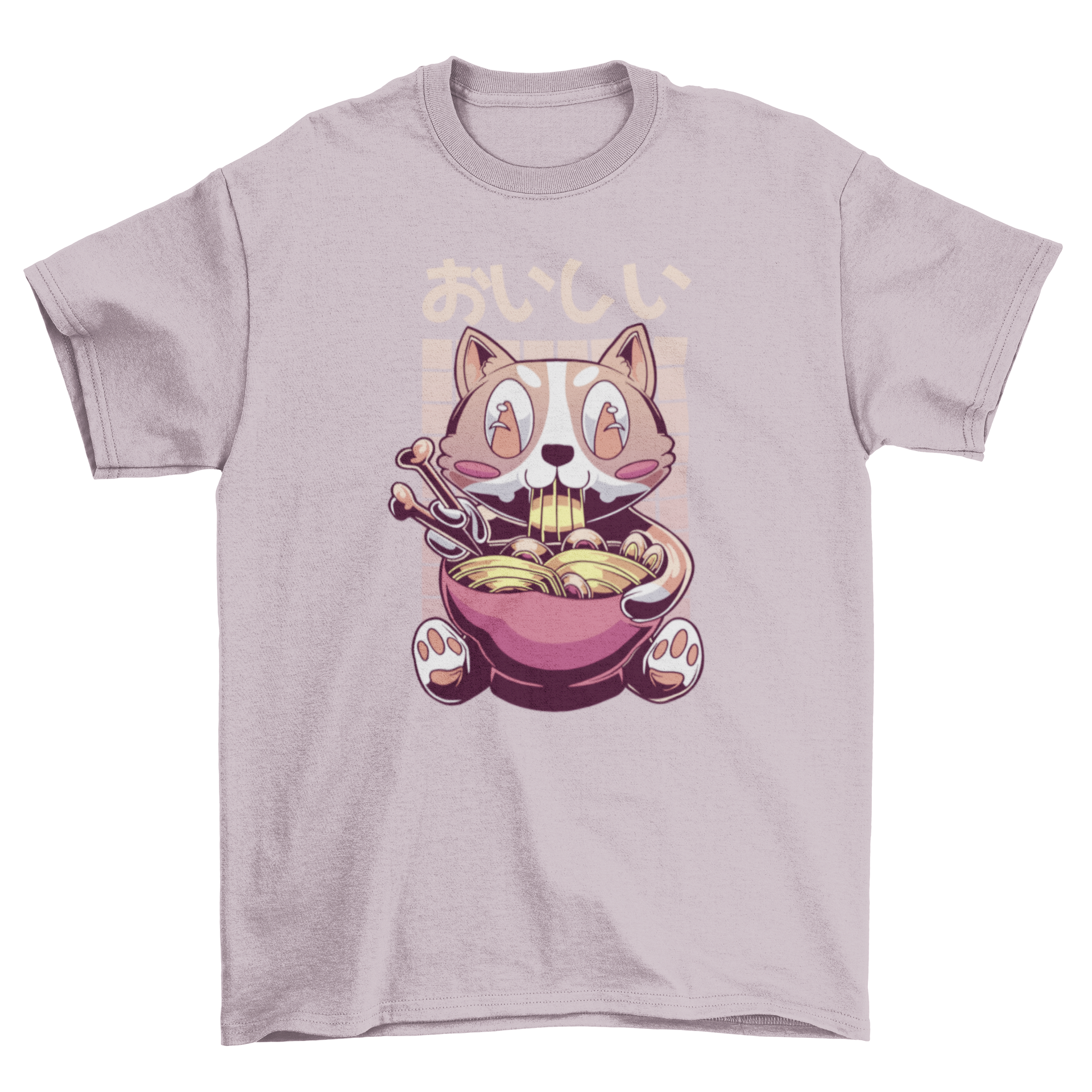 A vibrant t-shirt featuring a cute corgi dog eating ramen in a colorful vaporwave style.