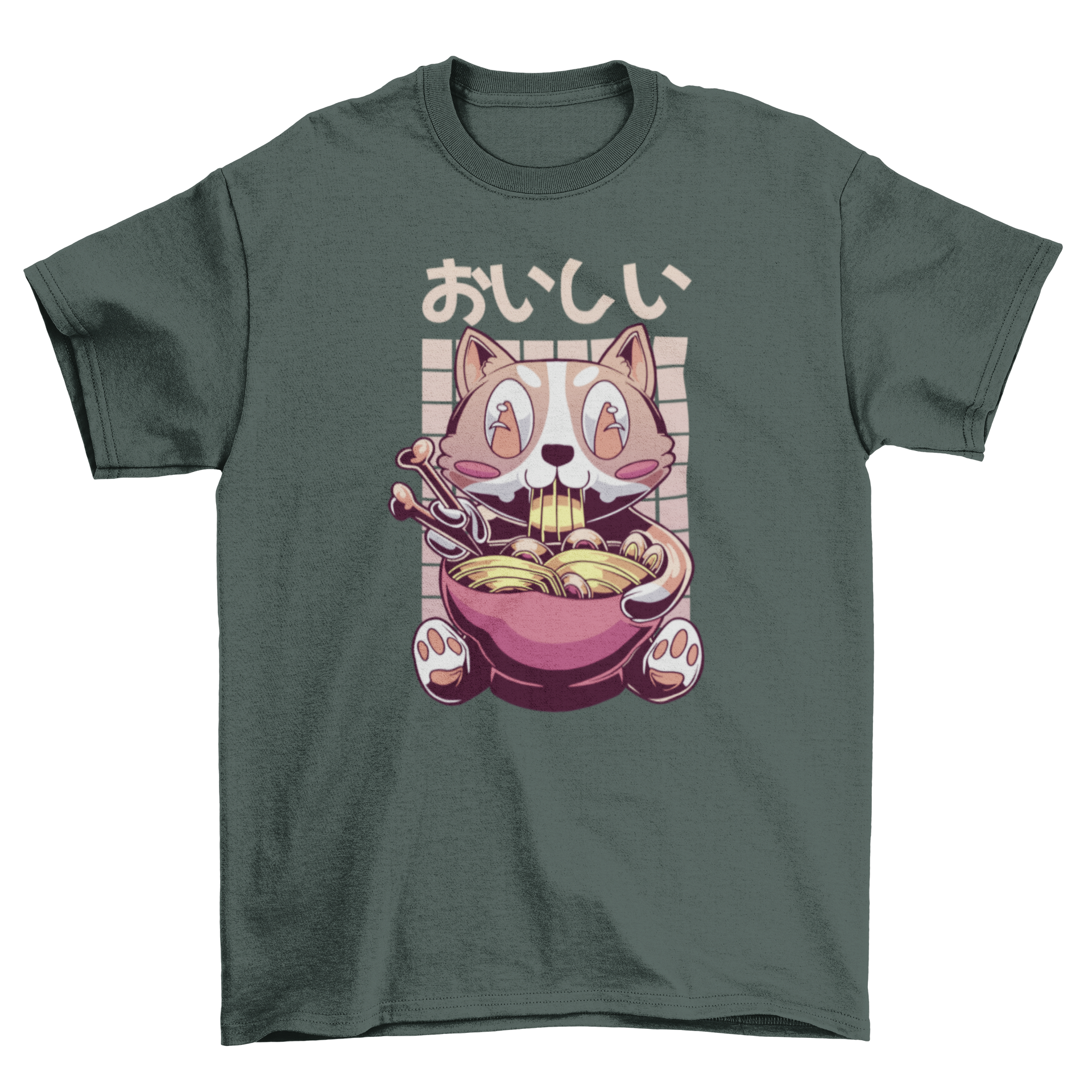 A vibrant t-shirt featuring a cute corgi dog eating ramen in a colorful vaporwave style.