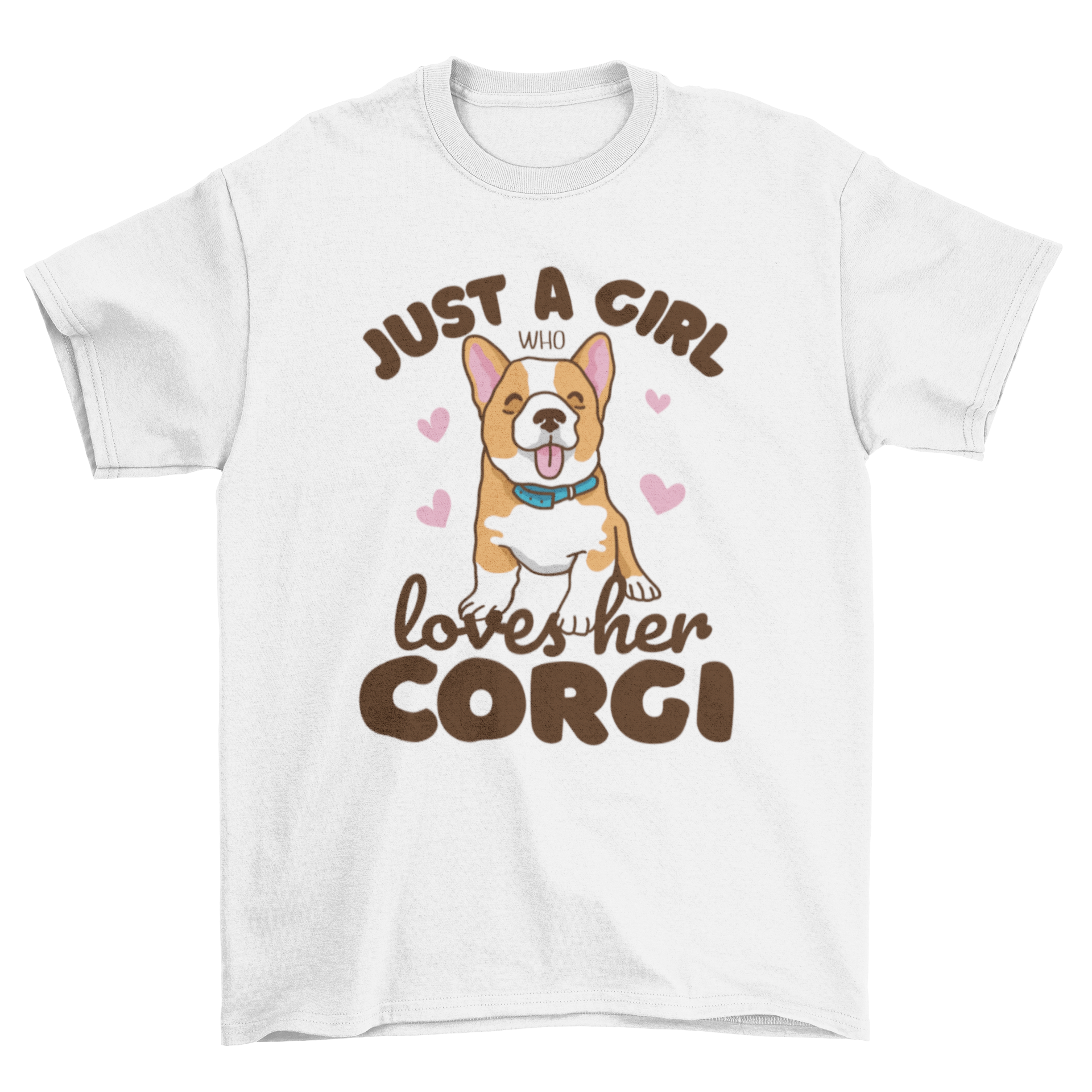 A stylish Corgi girl t-shirt featuring a cute corgi illustration and the quote 'Just a girl who loves her corgi'.