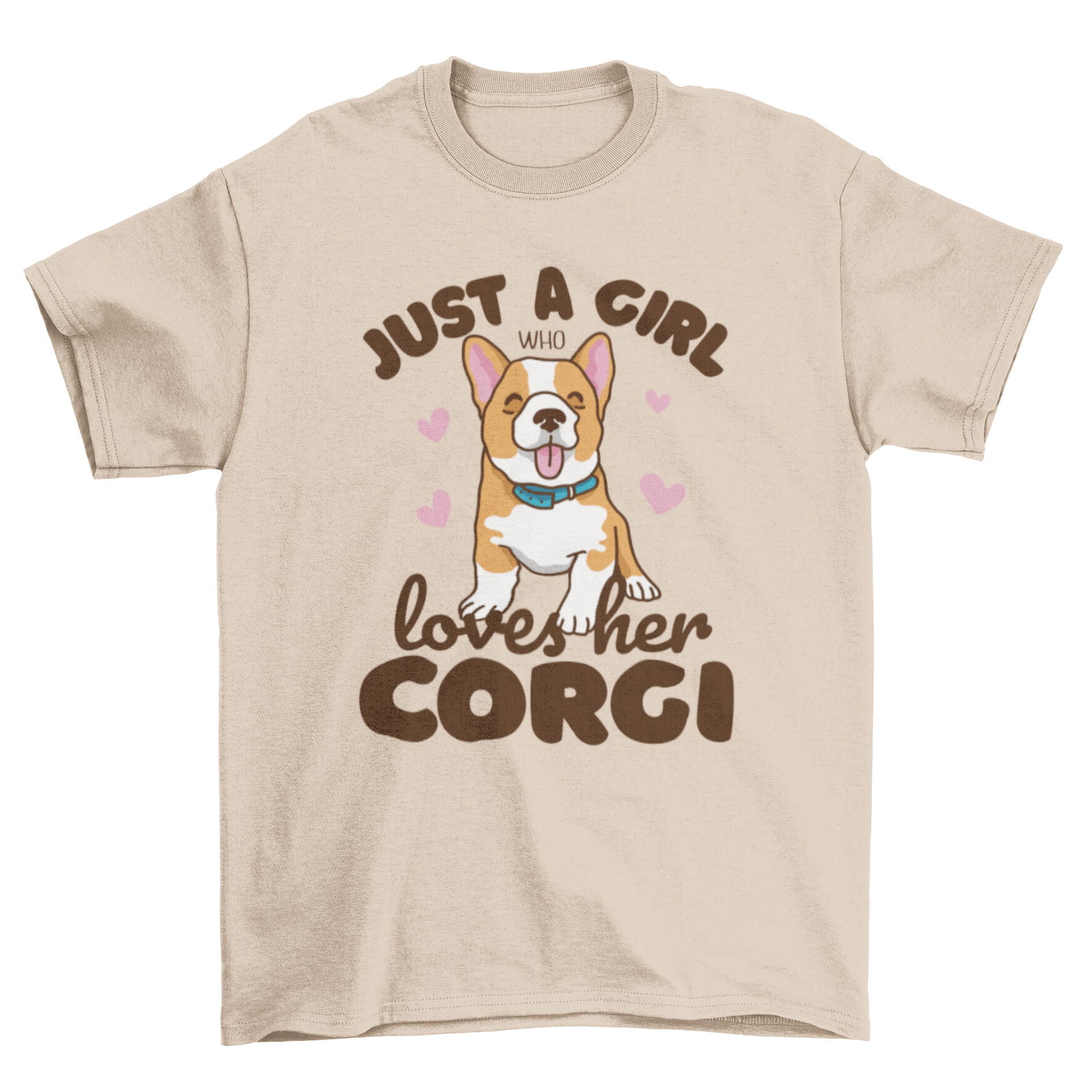 A stylish Corgi girl t-shirt featuring a cute corgi illustration and the quote 'Just a girl who loves her corgi'.