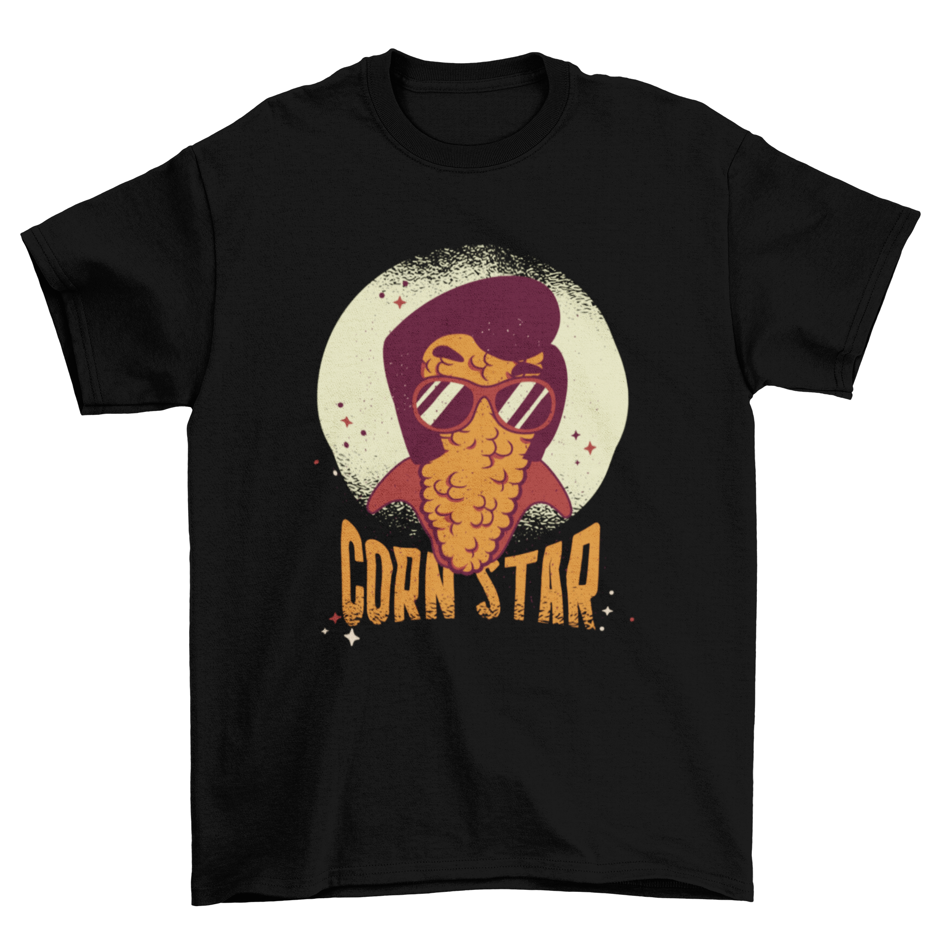 Corn Star Funny Farm T-shirt featuring a corn character styled as Elvis Presley with the phrase 'CORN STAR'.