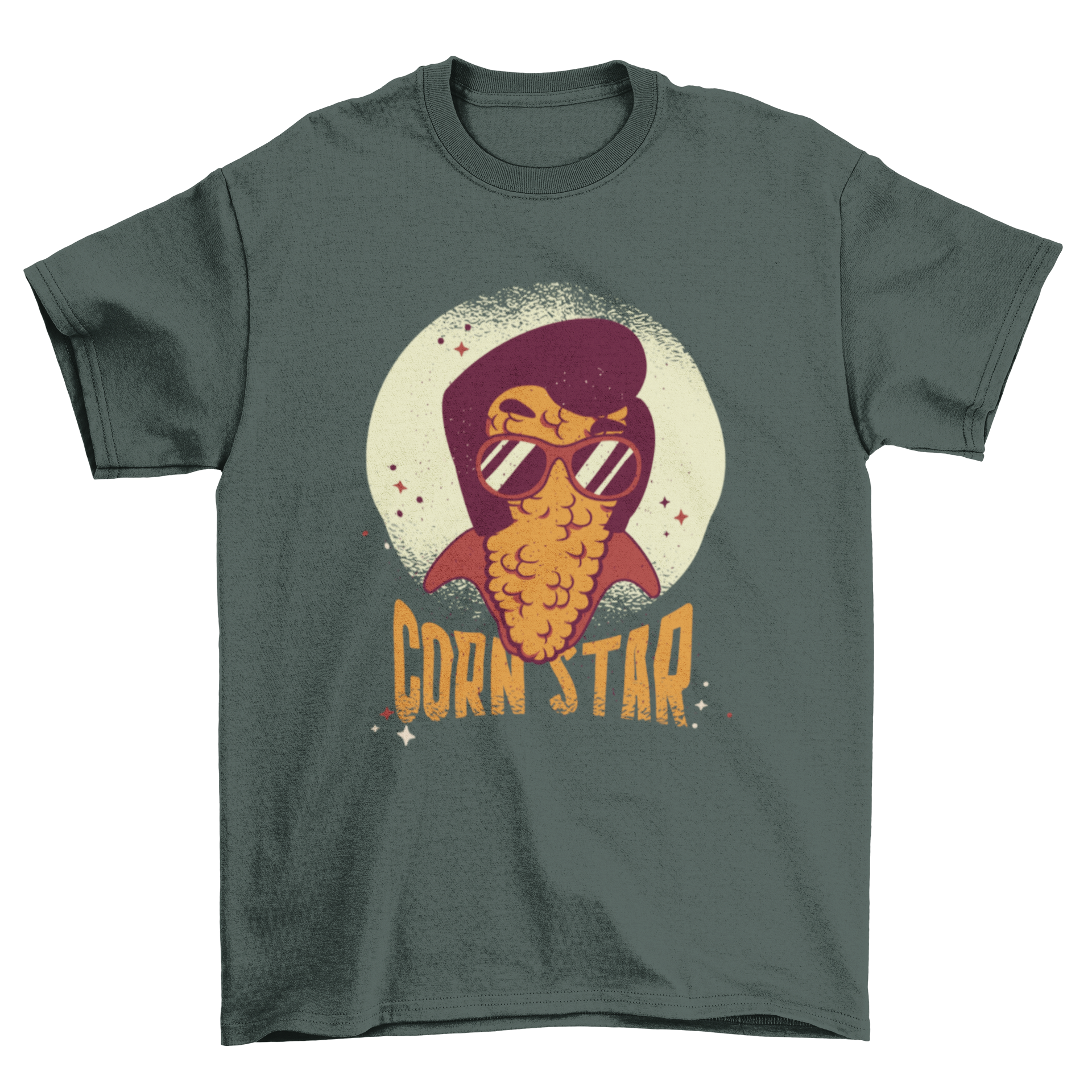 Corn Star Funny Farm T-shirt featuring a corn character styled as Elvis Presley with the phrase 'CORN STAR'.