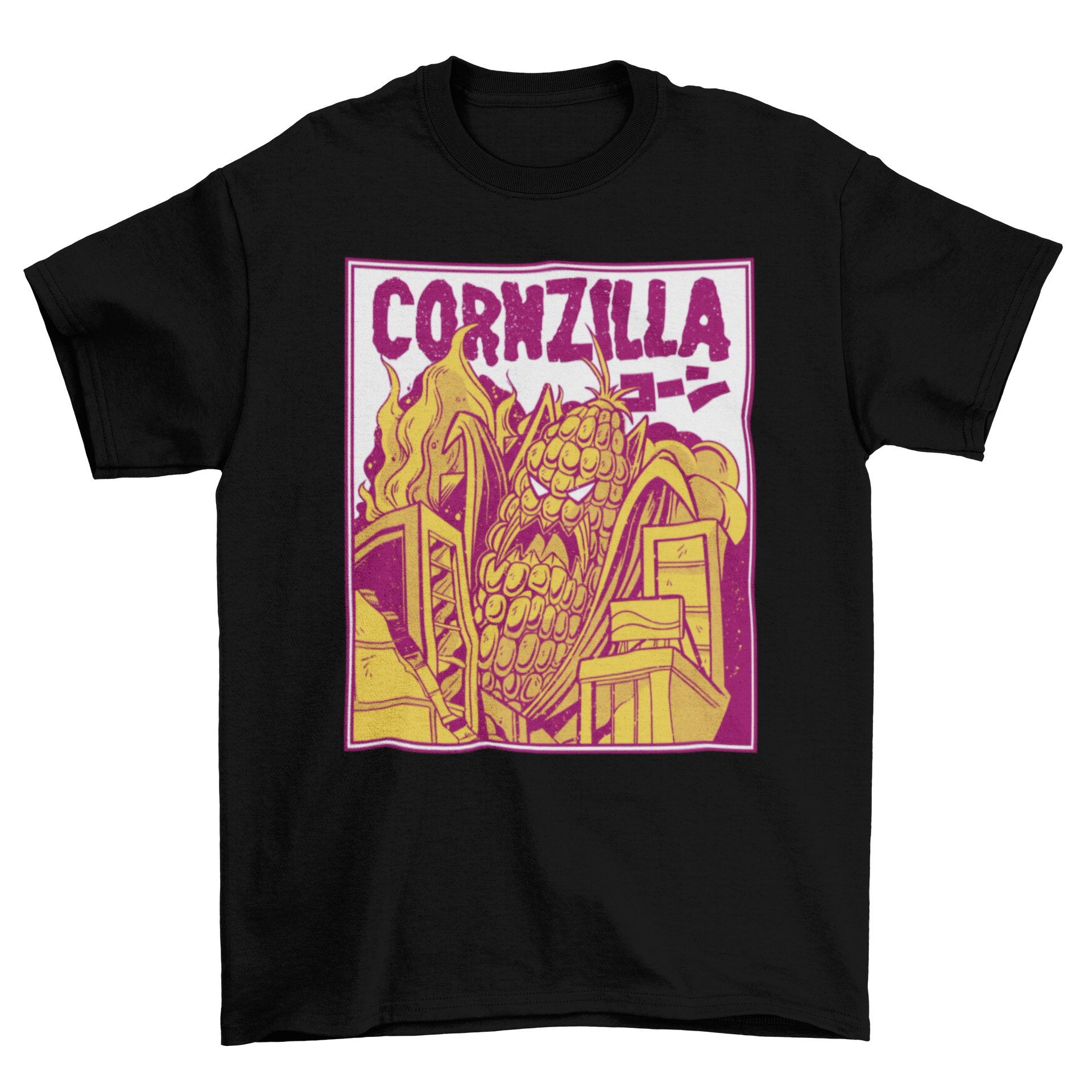 Cornzilla movie parody t-shirt featuring a giant corncob destroying a city, colorful and humorous design.