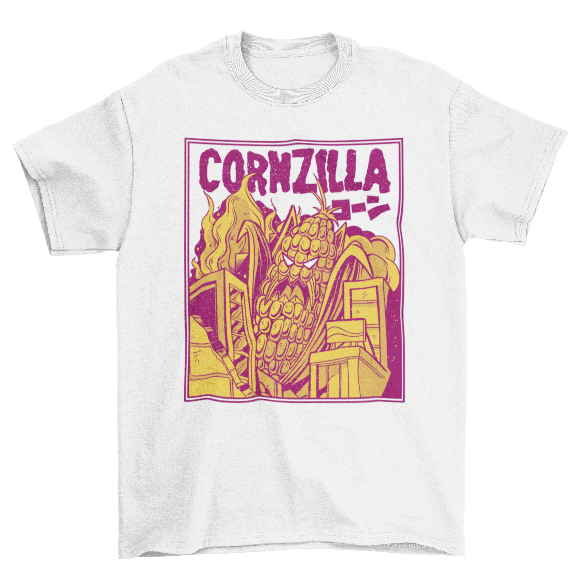 Cornzilla movie parody t-shirt featuring a giant corncob destroying a city, colorful and humorous design.