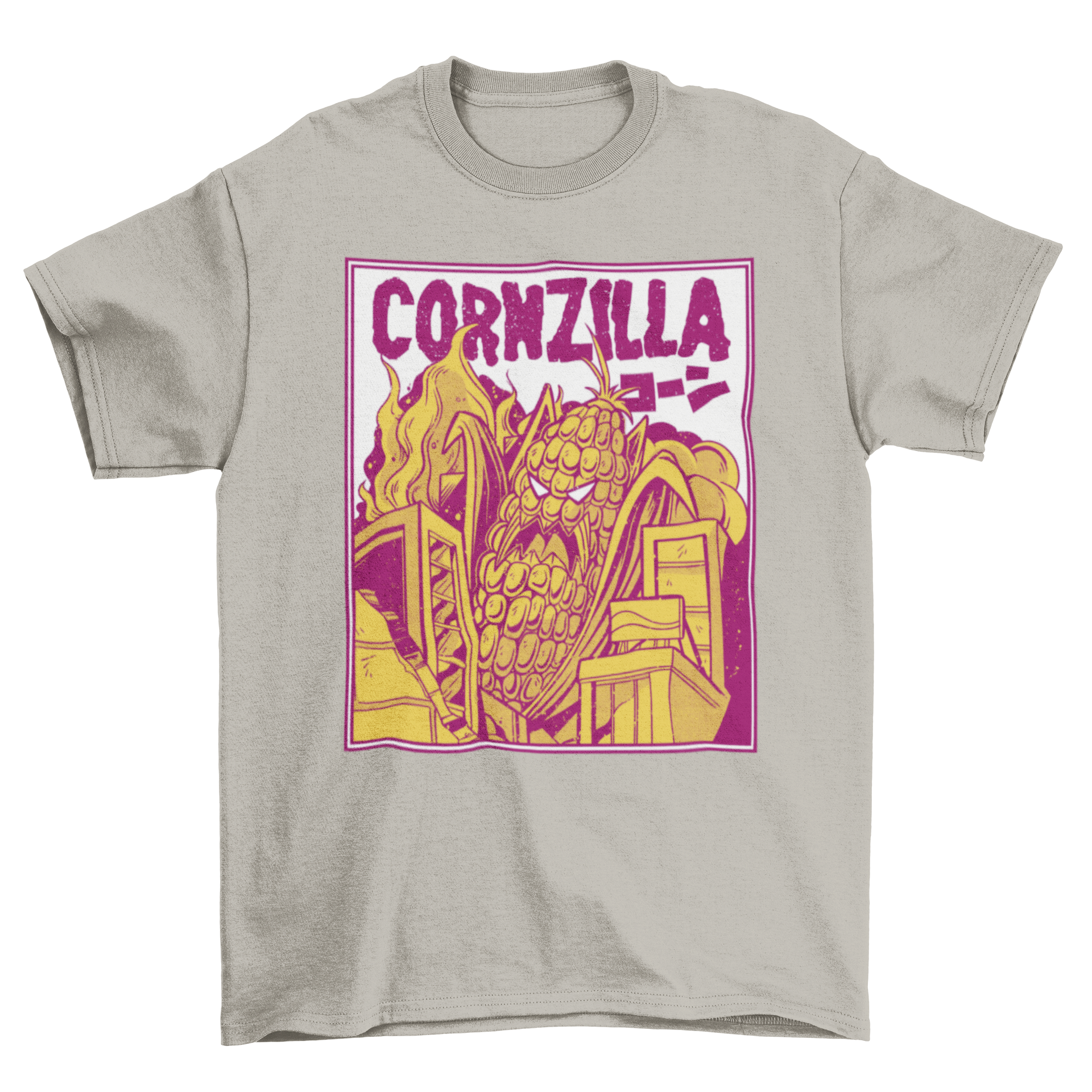 Cornzilla movie parody t-shirt featuring a giant corncob destroying a city, colorful and humorous design.