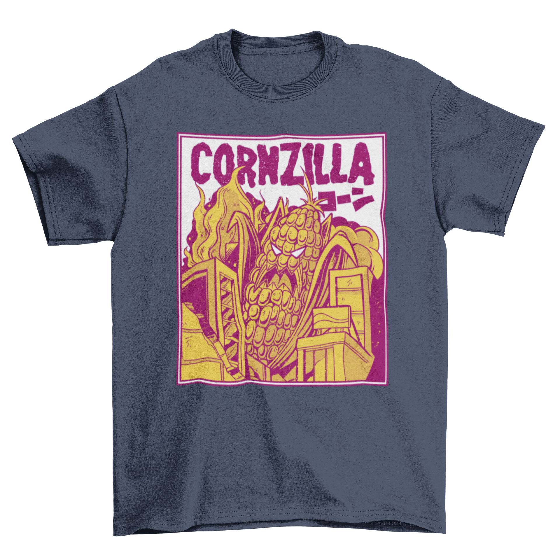 Cornzilla movie parody t-shirt featuring a giant corncob destroying a city, colorful and humorous design.