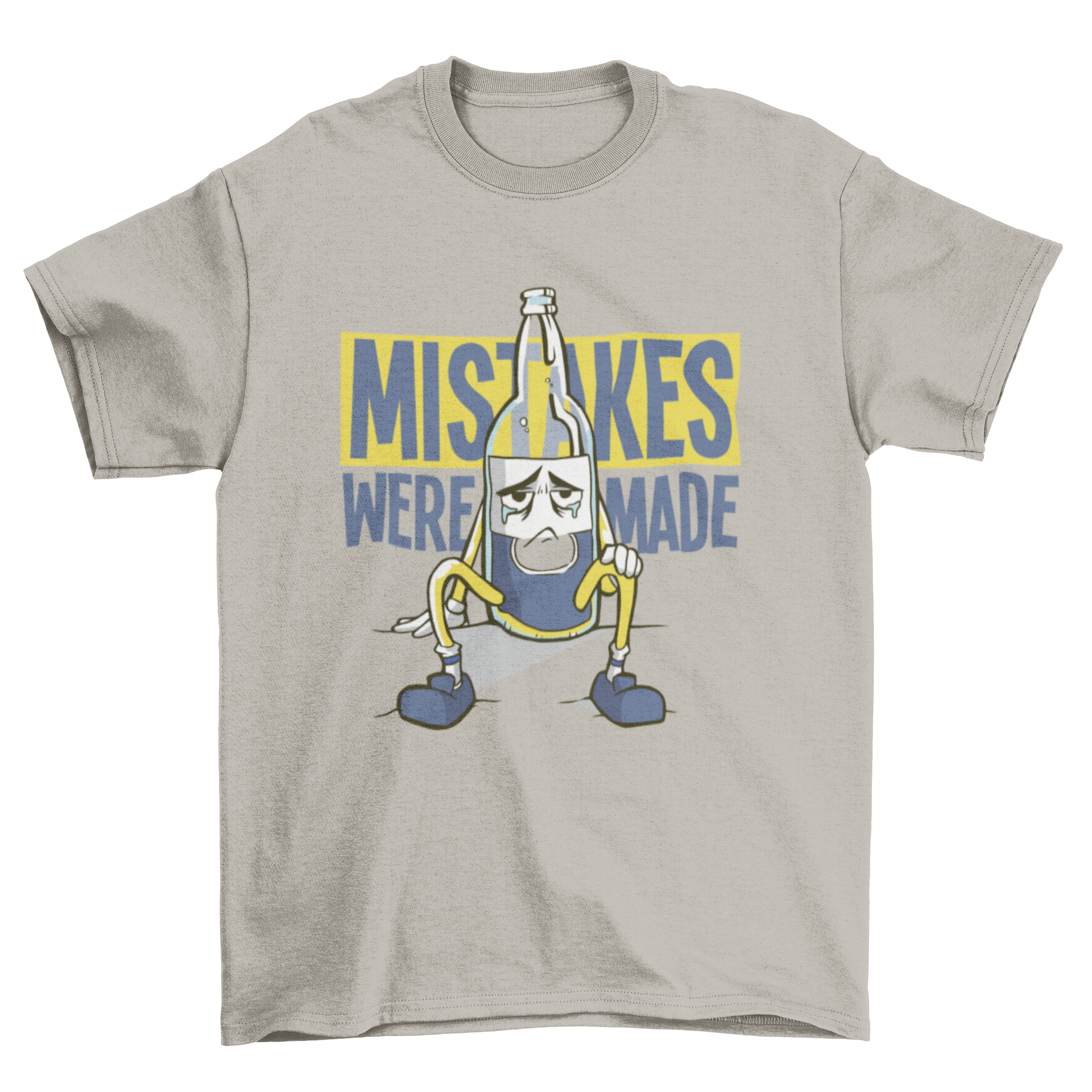 A humorous T-shirt featuring a sad Corona beer bottle with the quote 'MISTAKES WERE MADE' printed on it.