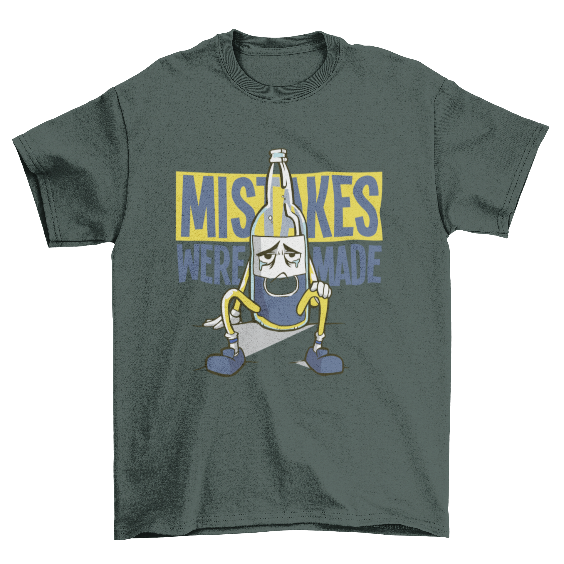 A humorous T-shirt featuring a sad Corona beer bottle with the quote 'MISTAKES WERE MADE' printed on it.