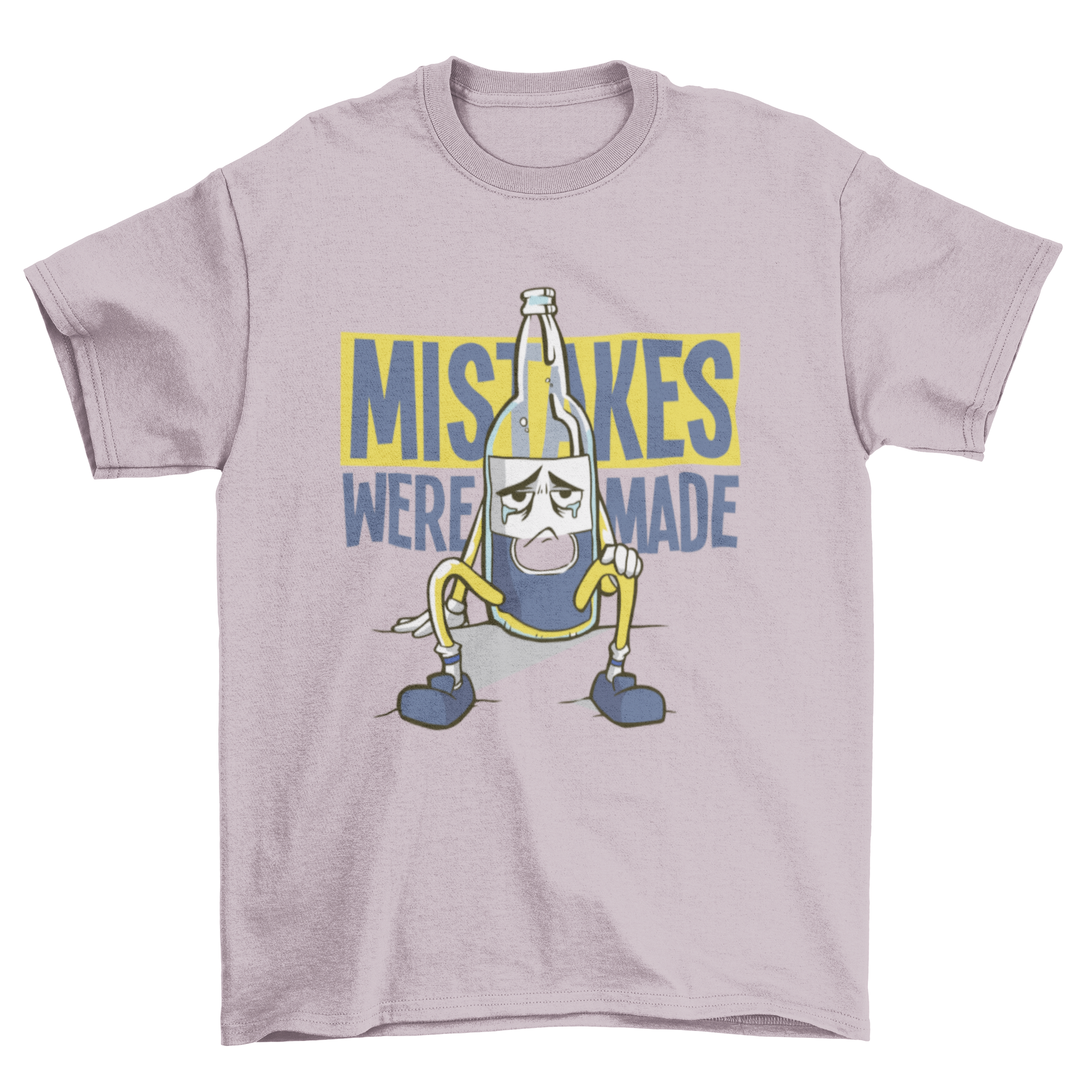 A humorous T-shirt featuring a sad Corona beer bottle with the quote 'MISTAKES WERE MADE' printed on it.