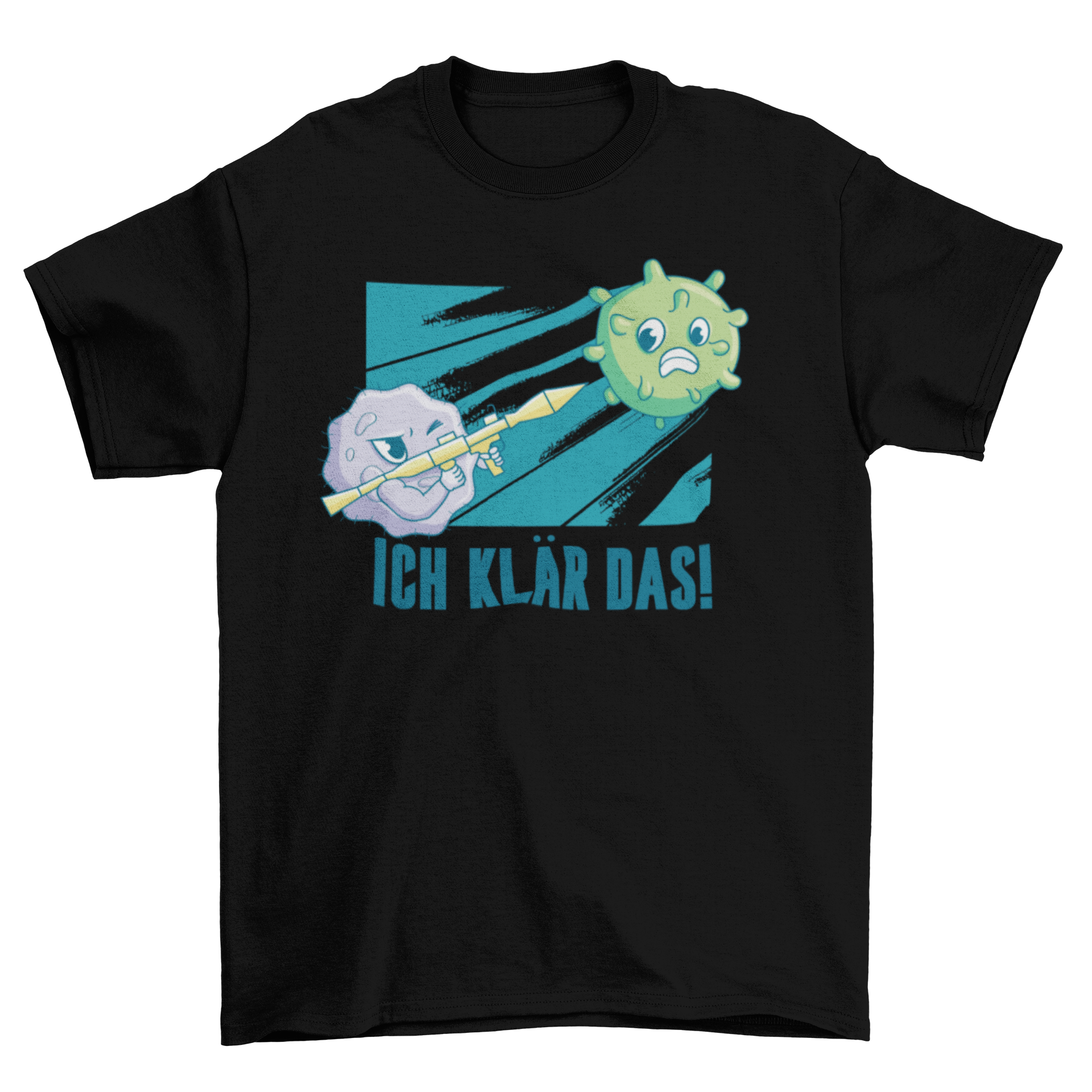 A humorous t-shirt featuring a cartoon antibody with a bazooka and a Coronavirus virion, along with the German quote 'ICH KLAR DAS'.