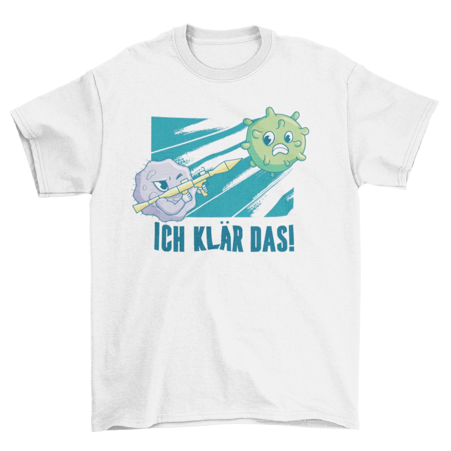 A humorous t-shirt featuring a cartoon antibody with a bazooka and a Coronavirus virion, along with the German quote 'ICH KLAR DAS'.