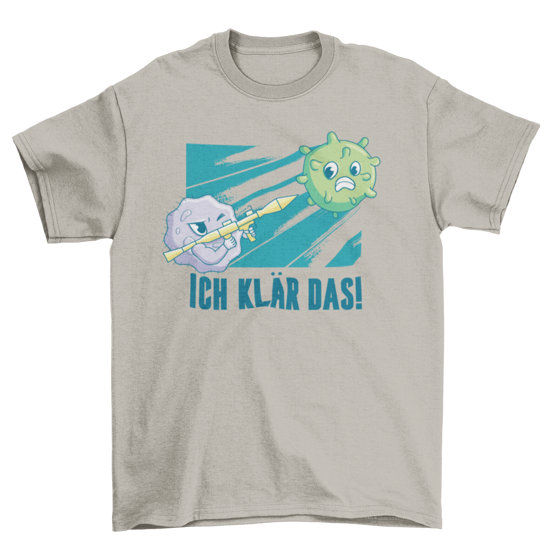 A humorous t-shirt featuring a cartoon antibody with a bazooka and a Coronavirus virion, along with the German quote 'ICH KLAR DAS'.