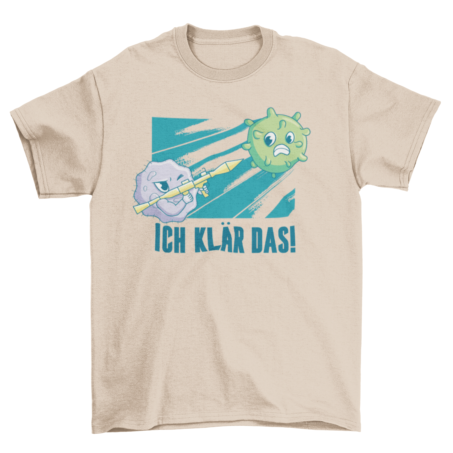 A humorous t-shirt featuring a cartoon antibody with a bazooka and a Coronavirus virion, along with the German quote 'ICH KLAR DAS'.