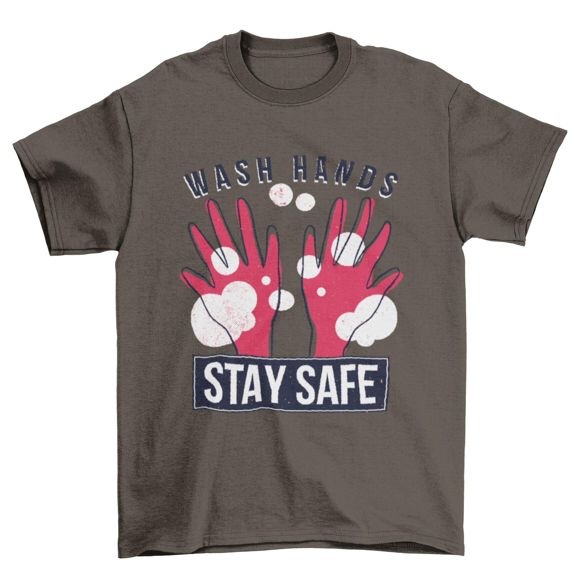 A colorful t-shirt featuring cartoon hands and the quote 'WASH HANDS - STAY SAFE' promoting hygiene.