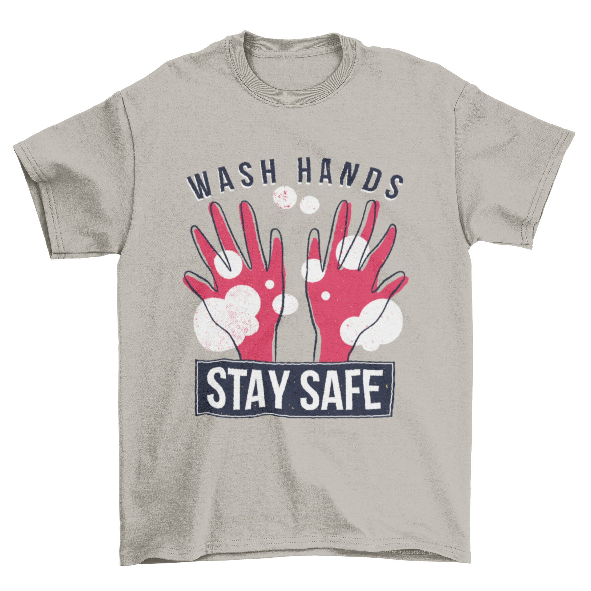 A colorful t-shirt featuring cartoon hands and the quote 'WASH HANDS - STAY SAFE' promoting hygiene.