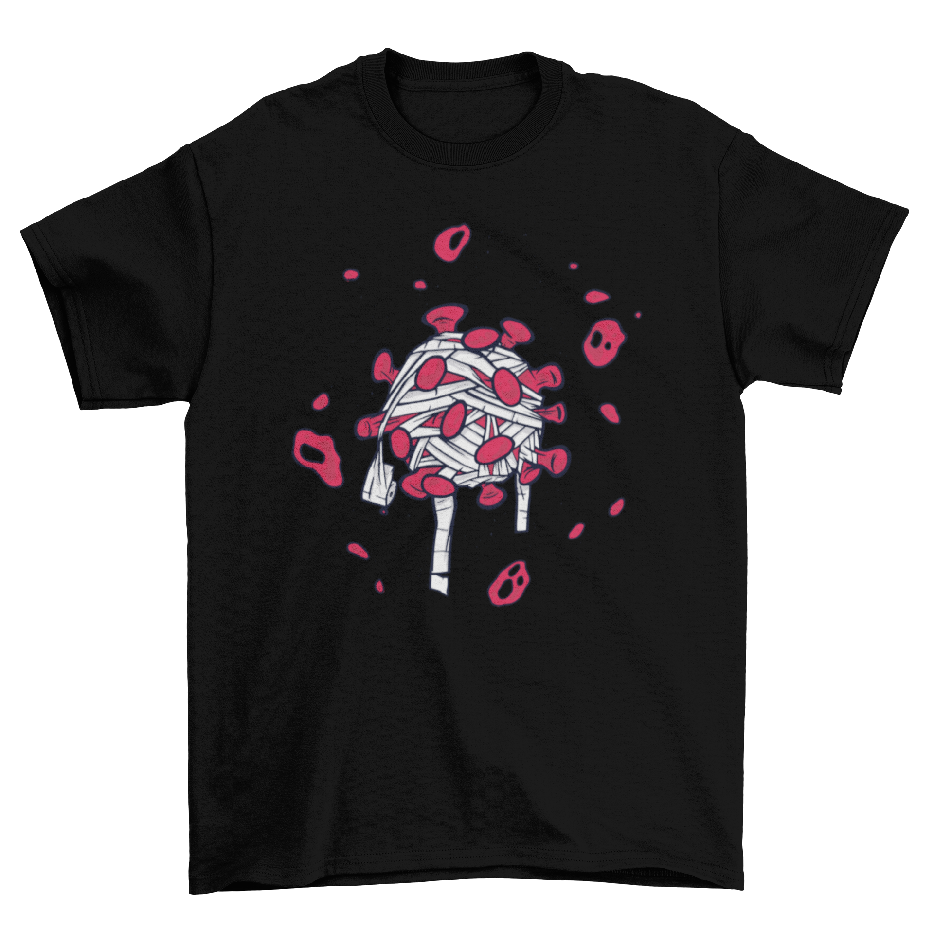 A colorful T-shirt design featuring a Coronavirus molecule wrapped in toilet paper, symbolizing the pandemic's humor.