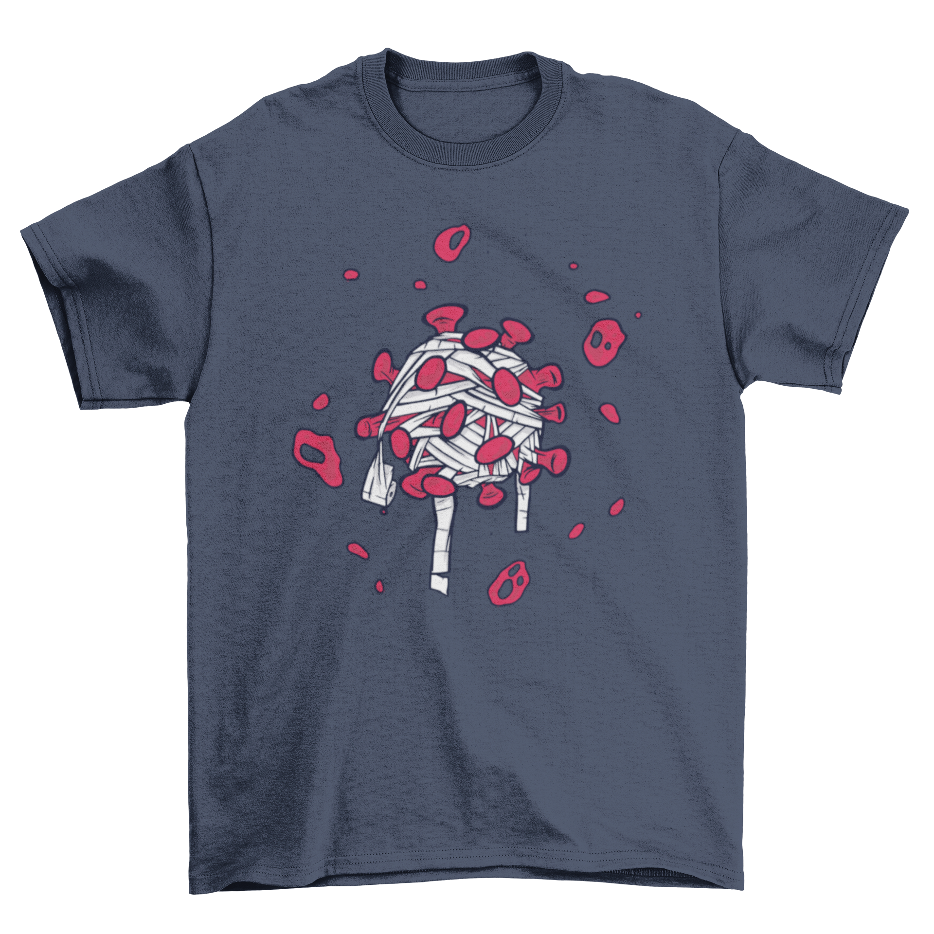 A colorful T-shirt design featuring a Coronavirus molecule wrapped in toilet paper, symbolizing the pandemic's humor.