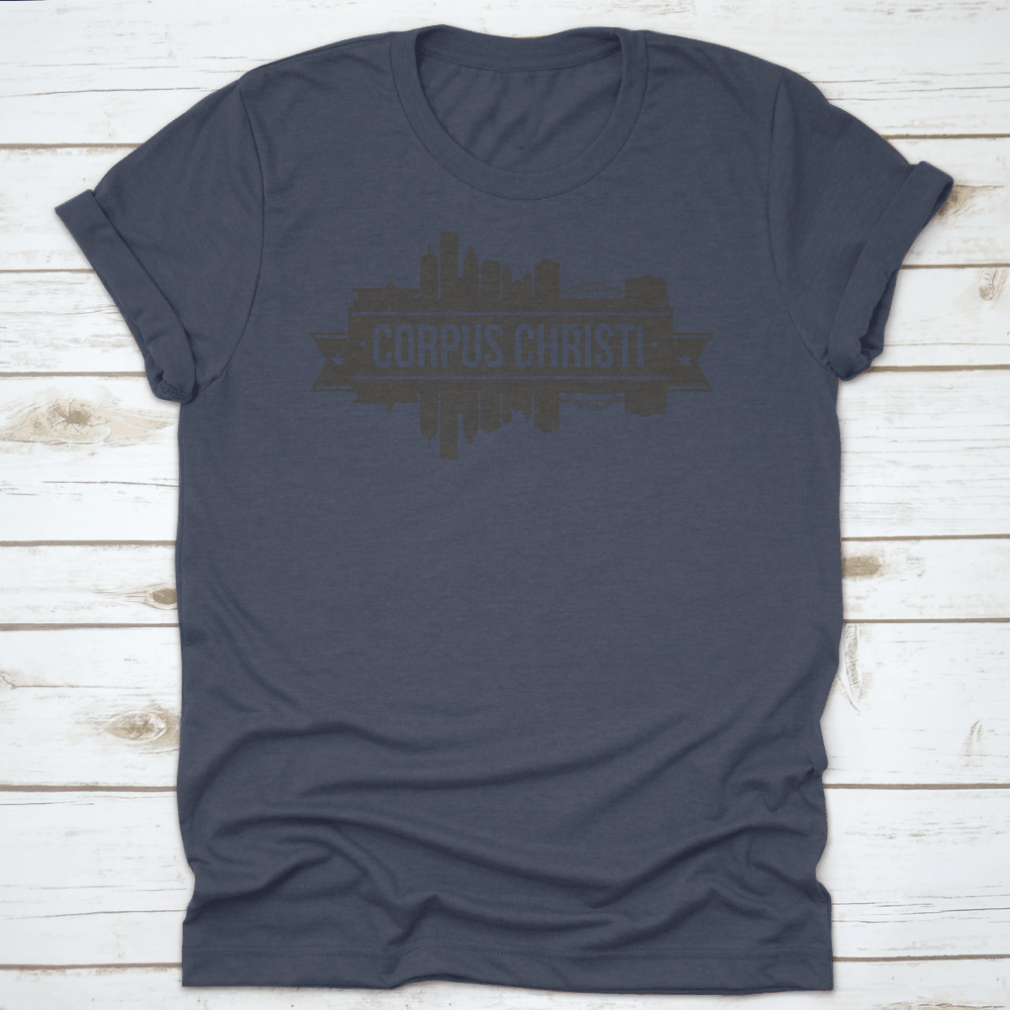 A stylish t-shirt featuring the skyline of Corpus Christi, Texas, showcasing its iconic buildings and vibrant colors.