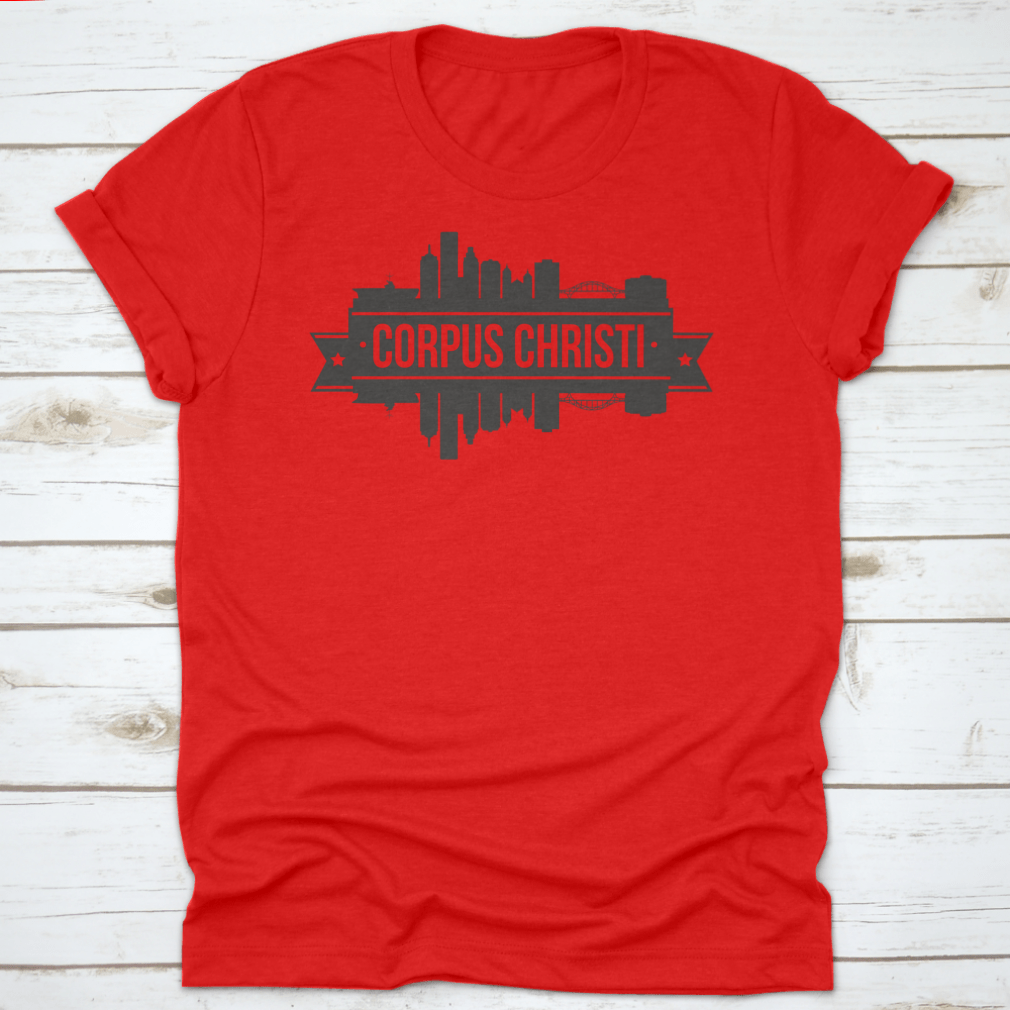 A stylish t-shirt featuring the skyline of Corpus Christi, Texas, showcasing its iconic buildings and vibrant colors.