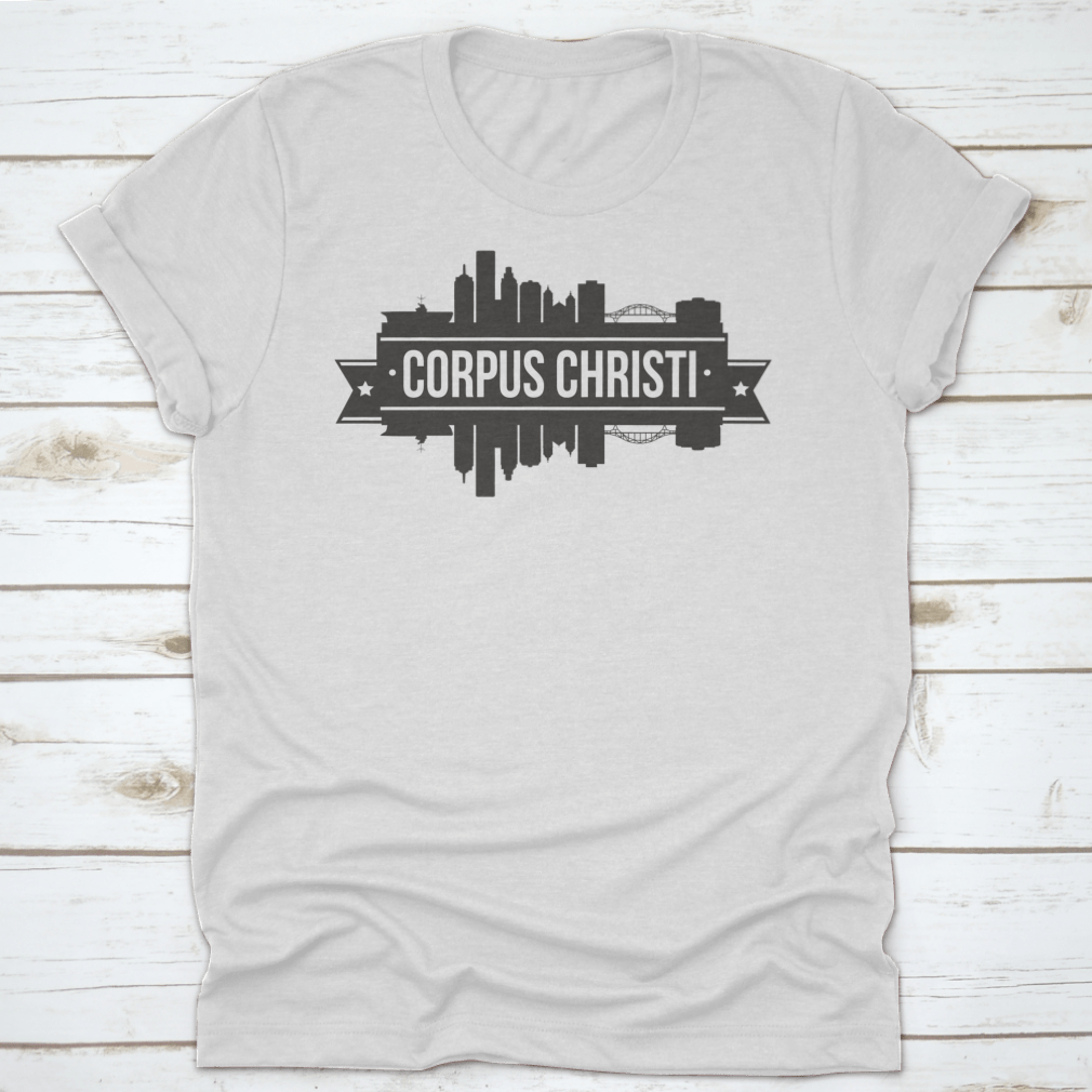 A stylish t-shirt featuring the skyline of Corpus Christi, Texas, showcasing its iconic buildings and vibrant colors.