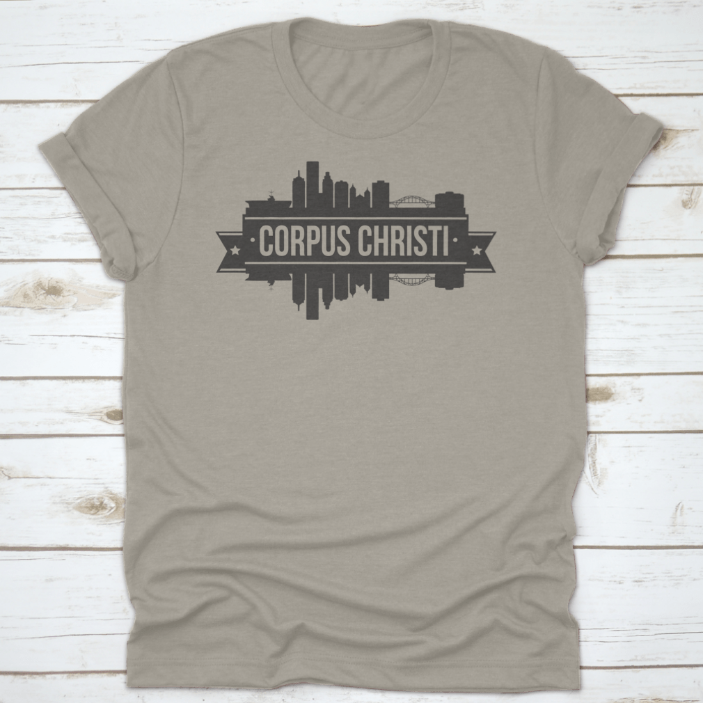 A stylish t-shirt featuring the skyline of Corpus Christi, Texas, showcasing its iconic buildings and vibrant colors.