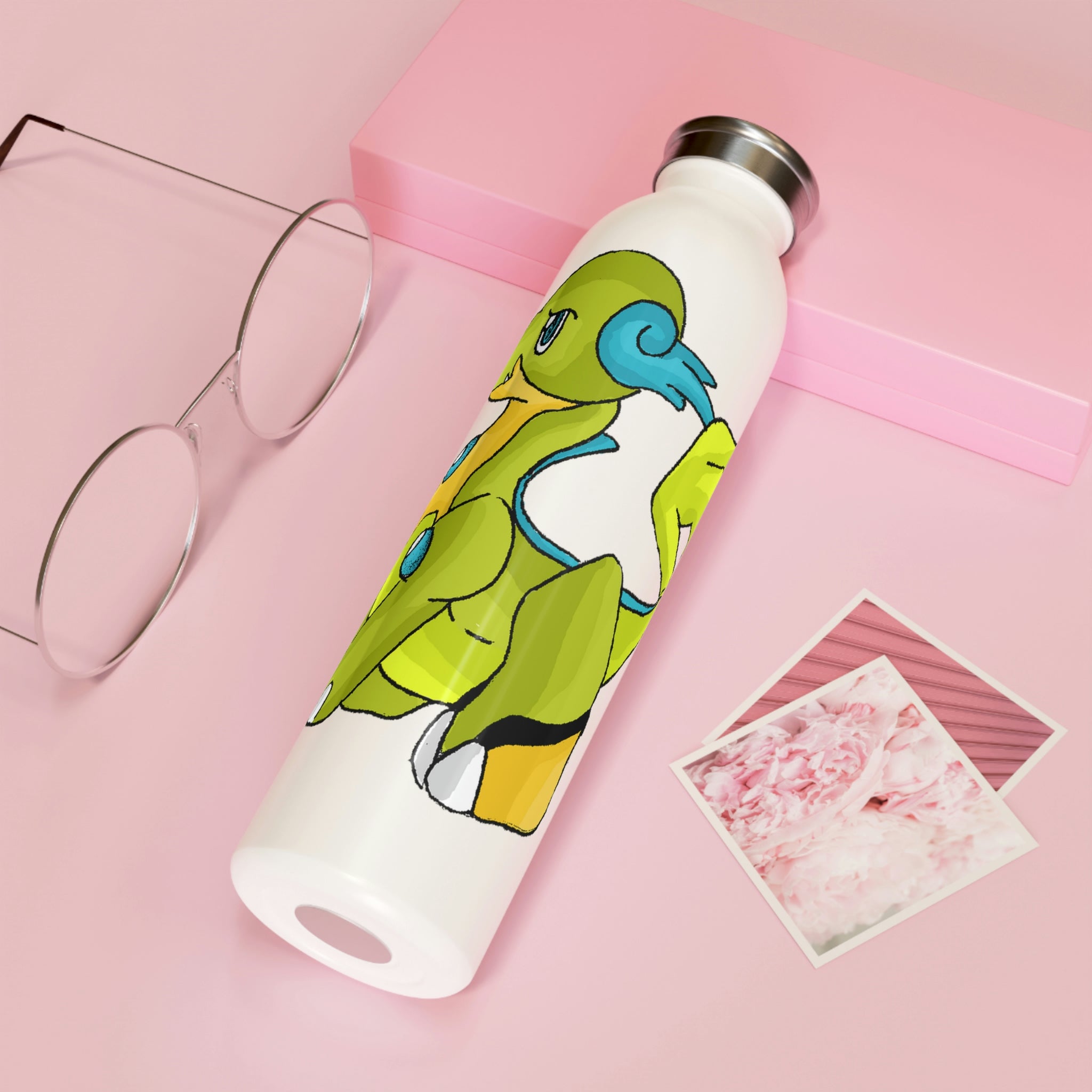 Cortenais Slim Water Bottle with matte finish and silver cap, showcasing vibrant custom designs.