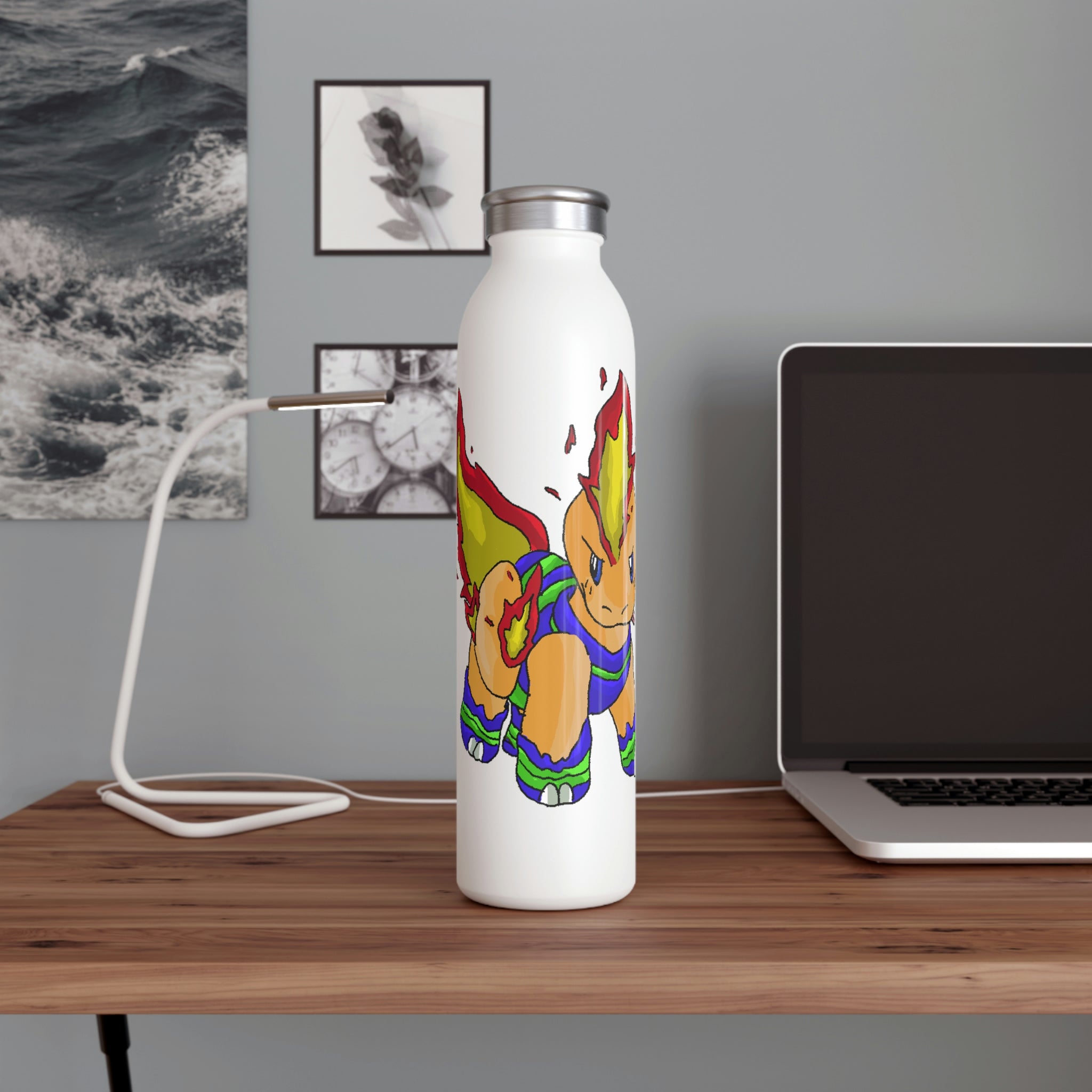 Corteness Slim Water Bottle with matte finish and silver cap, showcasing personalized designs.