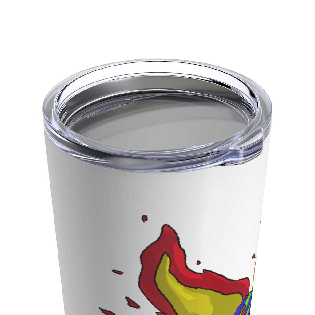 Corteness Tumbler 20oz in stainless steel with a see-thru plastic lid, showcasing its sleek design and rounded corners.