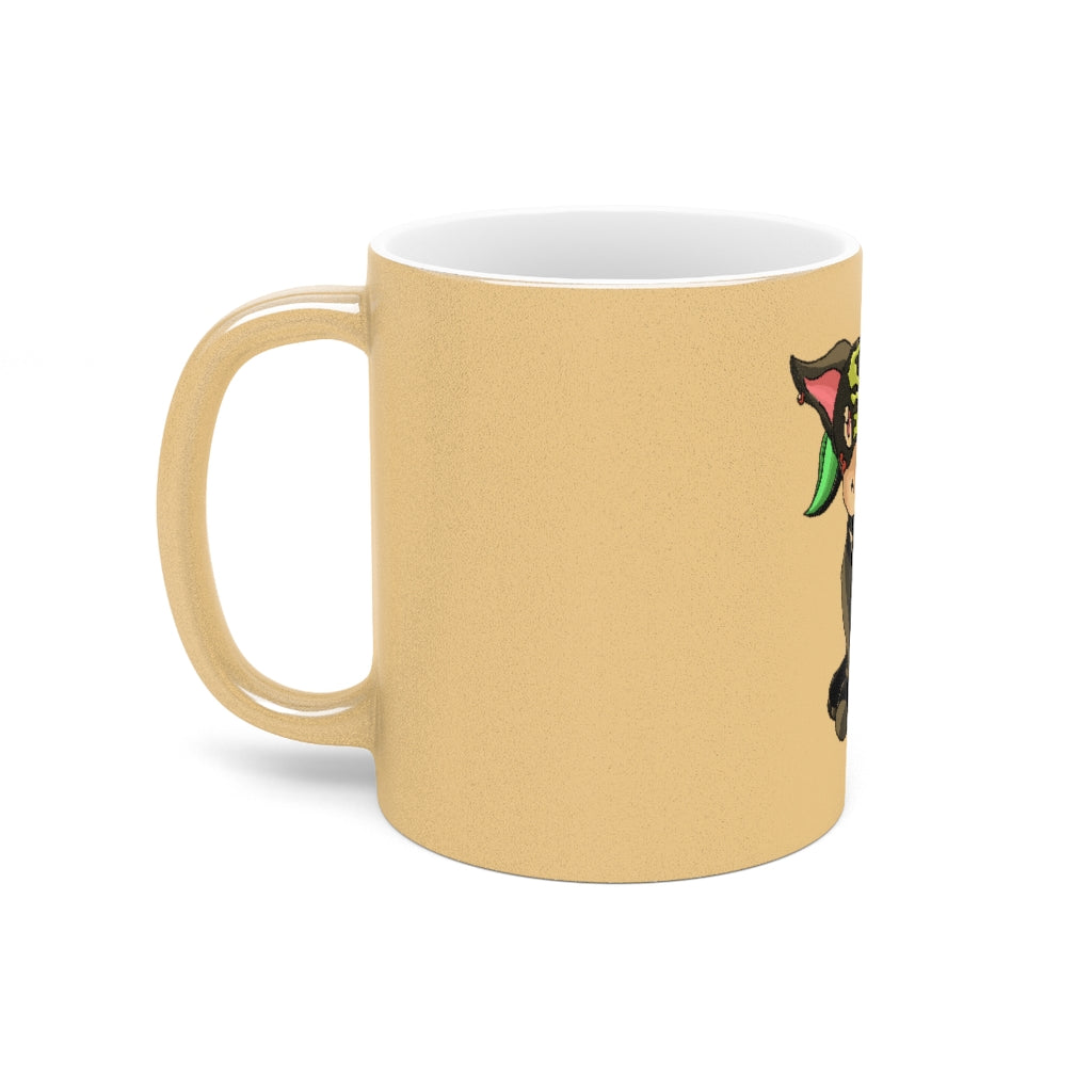 Corteon Metallic Mug in Silver and Gold with custom designs, showcasing a sleek ceramic finish.