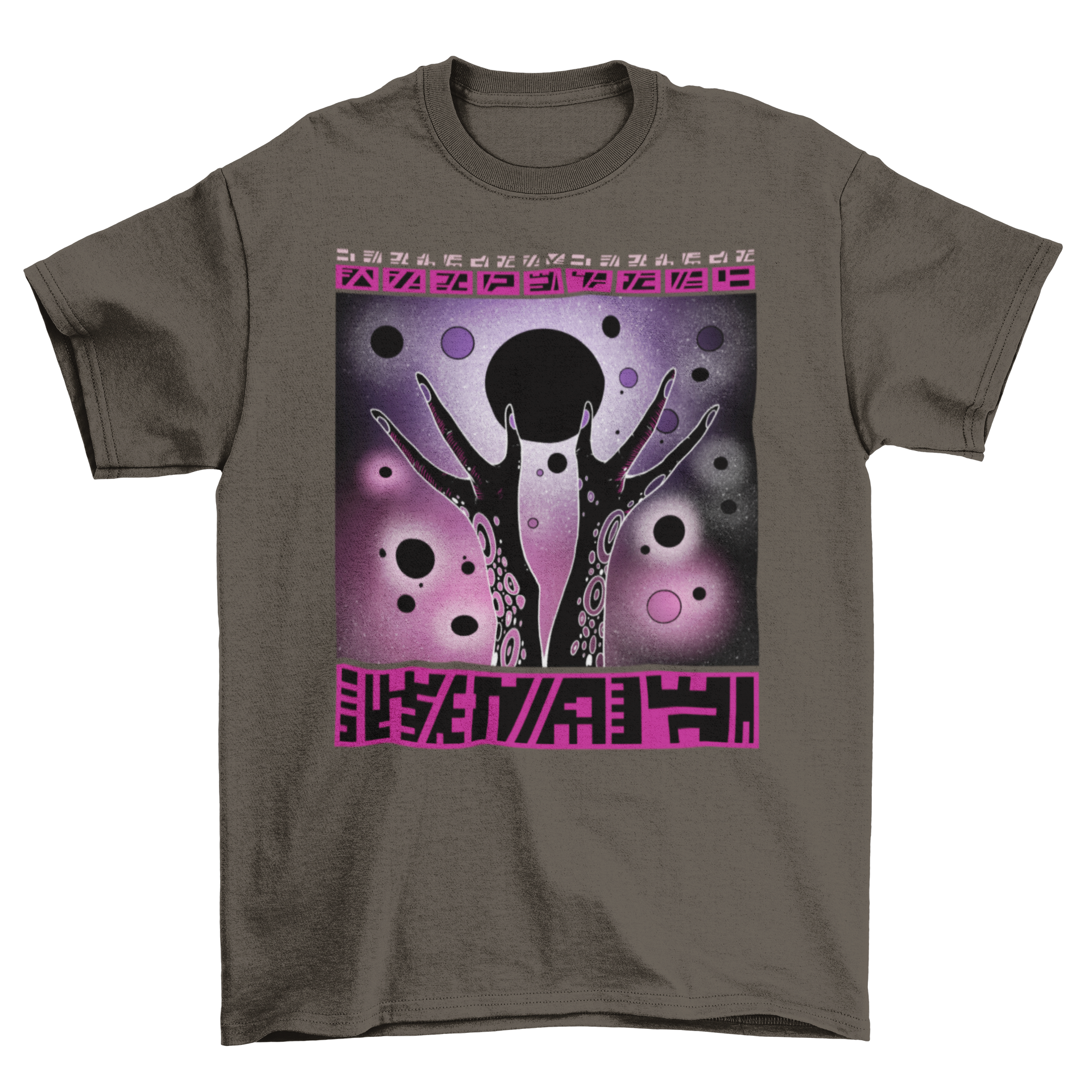 A stylish t-shirt featuring cosmic alien hands reaching for a colorful planet in space, perfect for space enthusiasts.