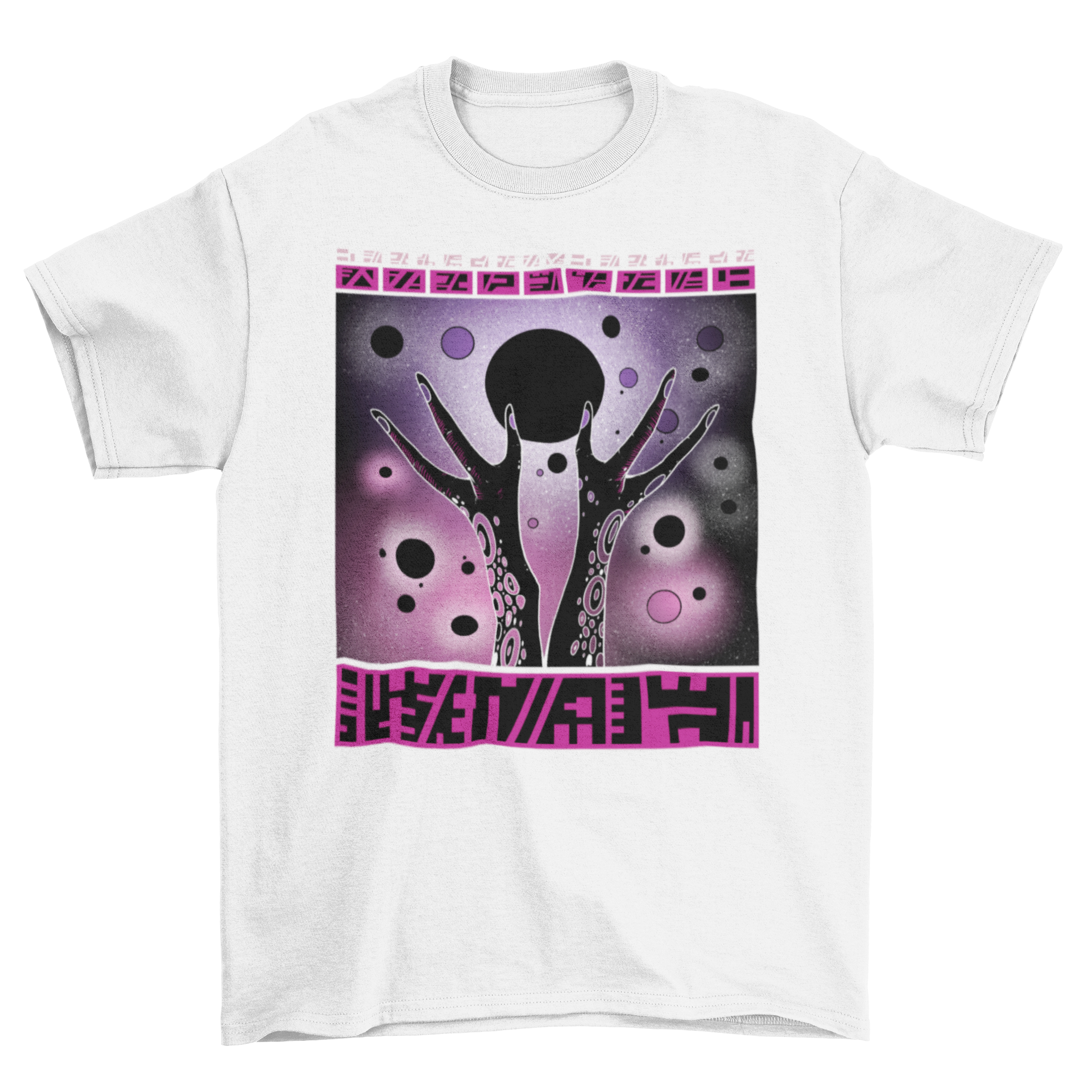 A stylish t-shirt featuring cosmic alien hands reaching for a colorful planet in space, perfect for space enthusiasts.