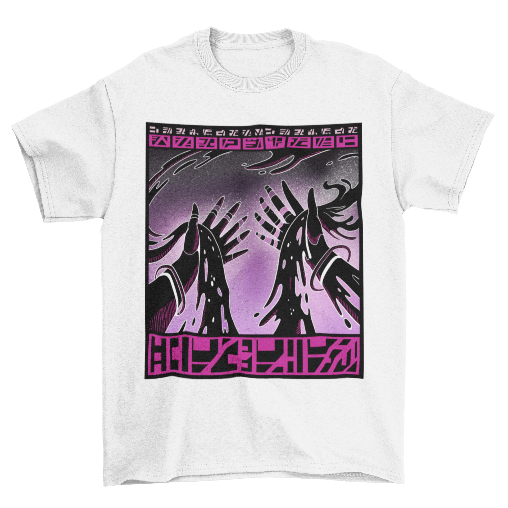 A stylish t-shirt featuring supernatural hands floating in a cosmic space background, showcasing a unique and artistic design.