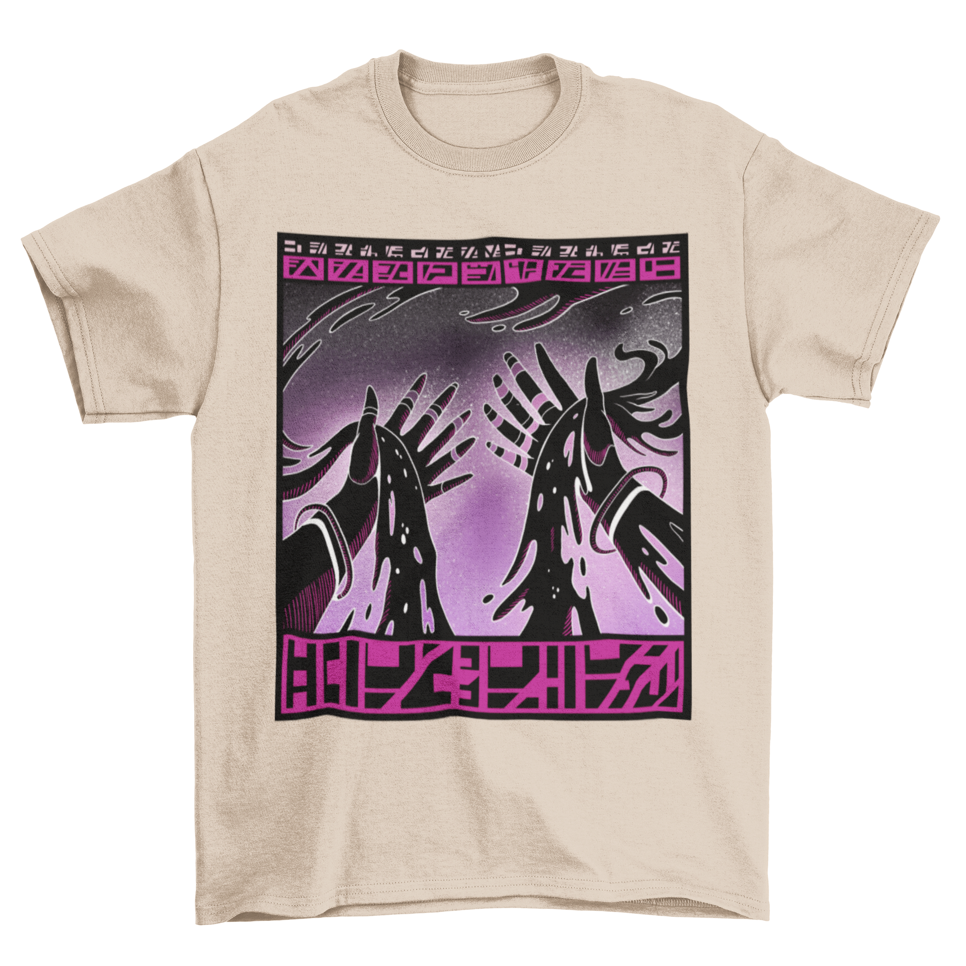 A stylish t-shirt featuring supernatural hands floating in a cosmic space background, showcasing a unique and artistic design.