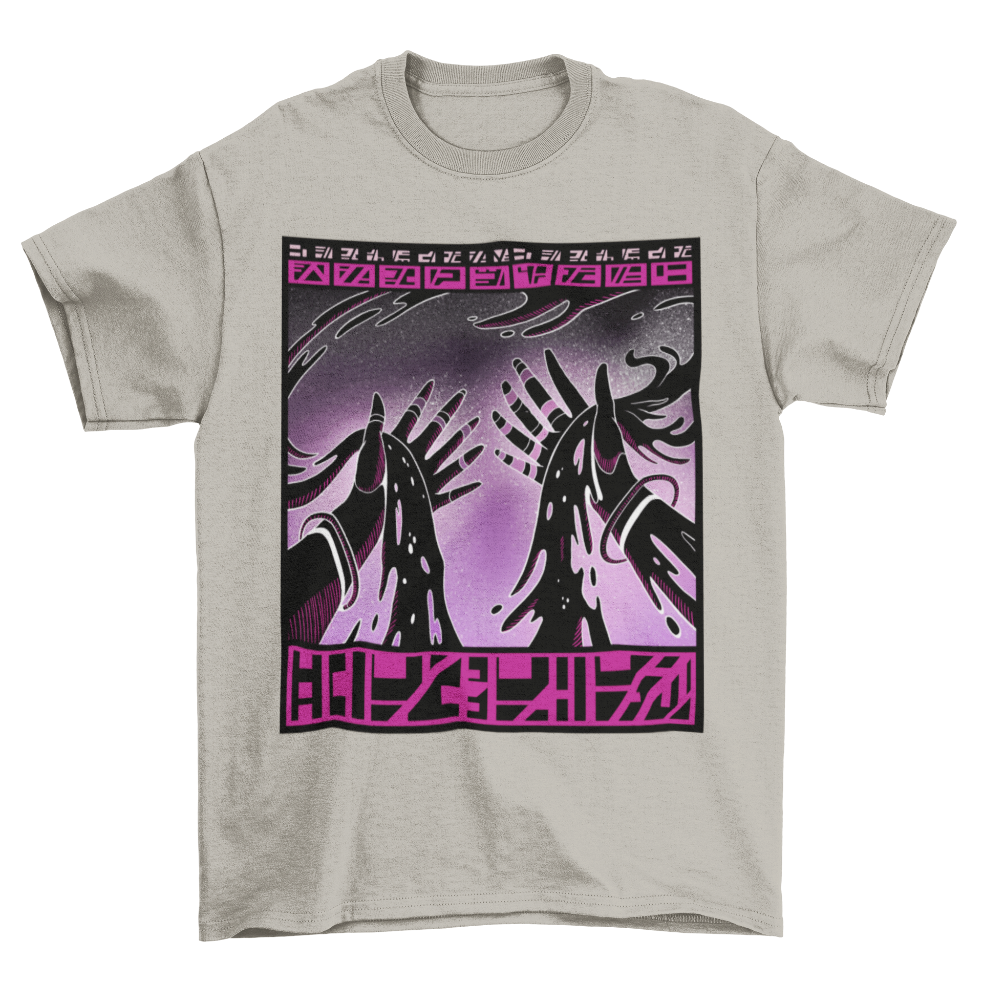 A stylish t-shirt featuring supernatural hands floating in a cosmic space background, showcasing a unique and artistic design.