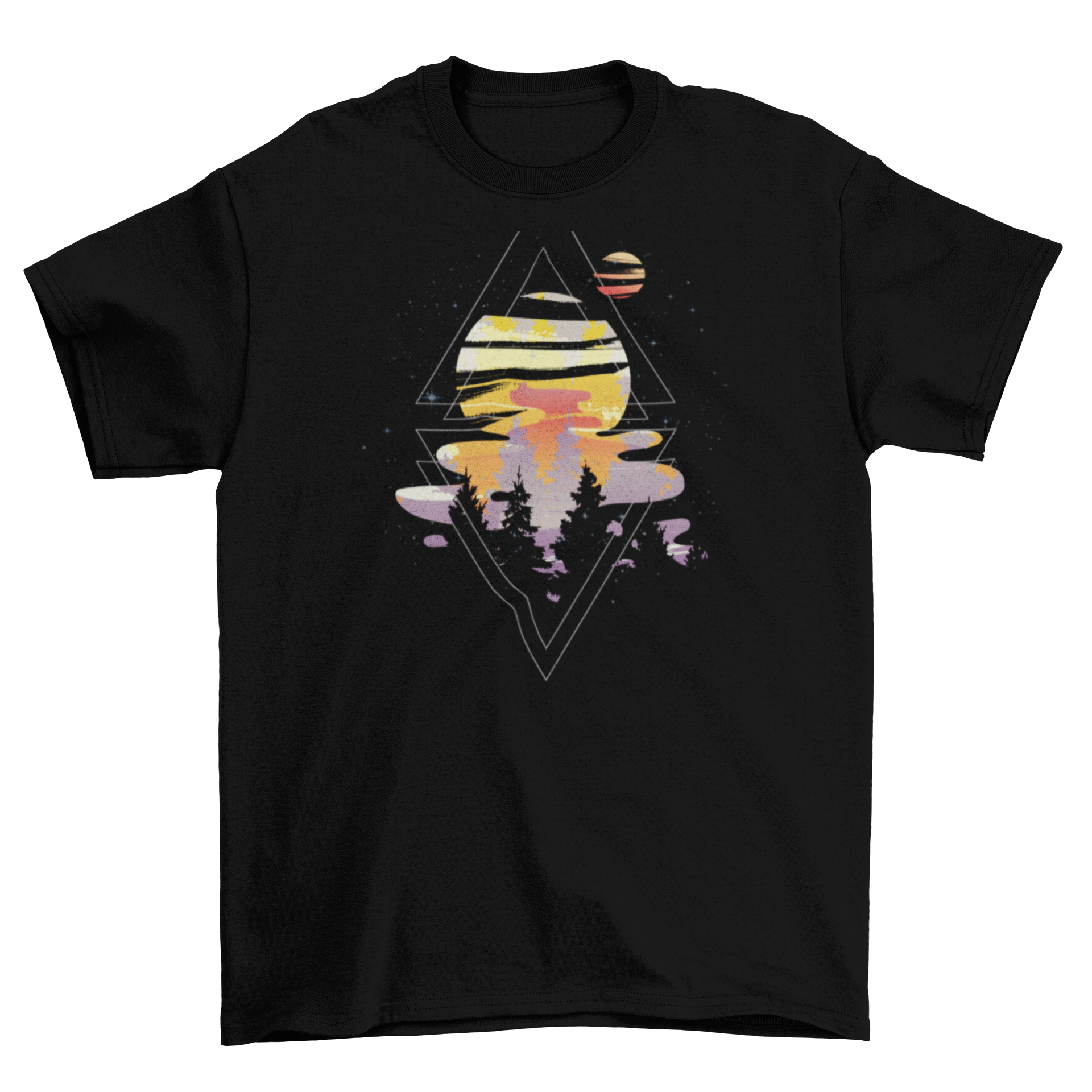 Cosmic Woods T-shirt featuring pine silhouettes against a colorful mystic night sky.