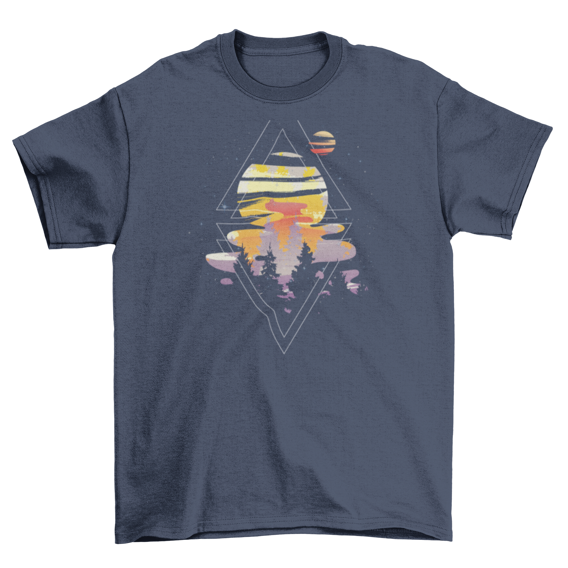 Cosmic Woods T-shirt featuring pine silhouettes against a colorful mystic night sky.