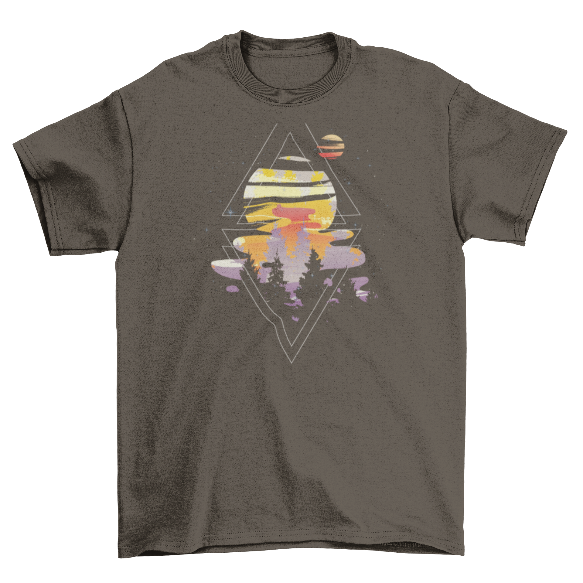 Cosmic Woods T-shirt featuring pine silhouettes against a colorful mystic night sky.