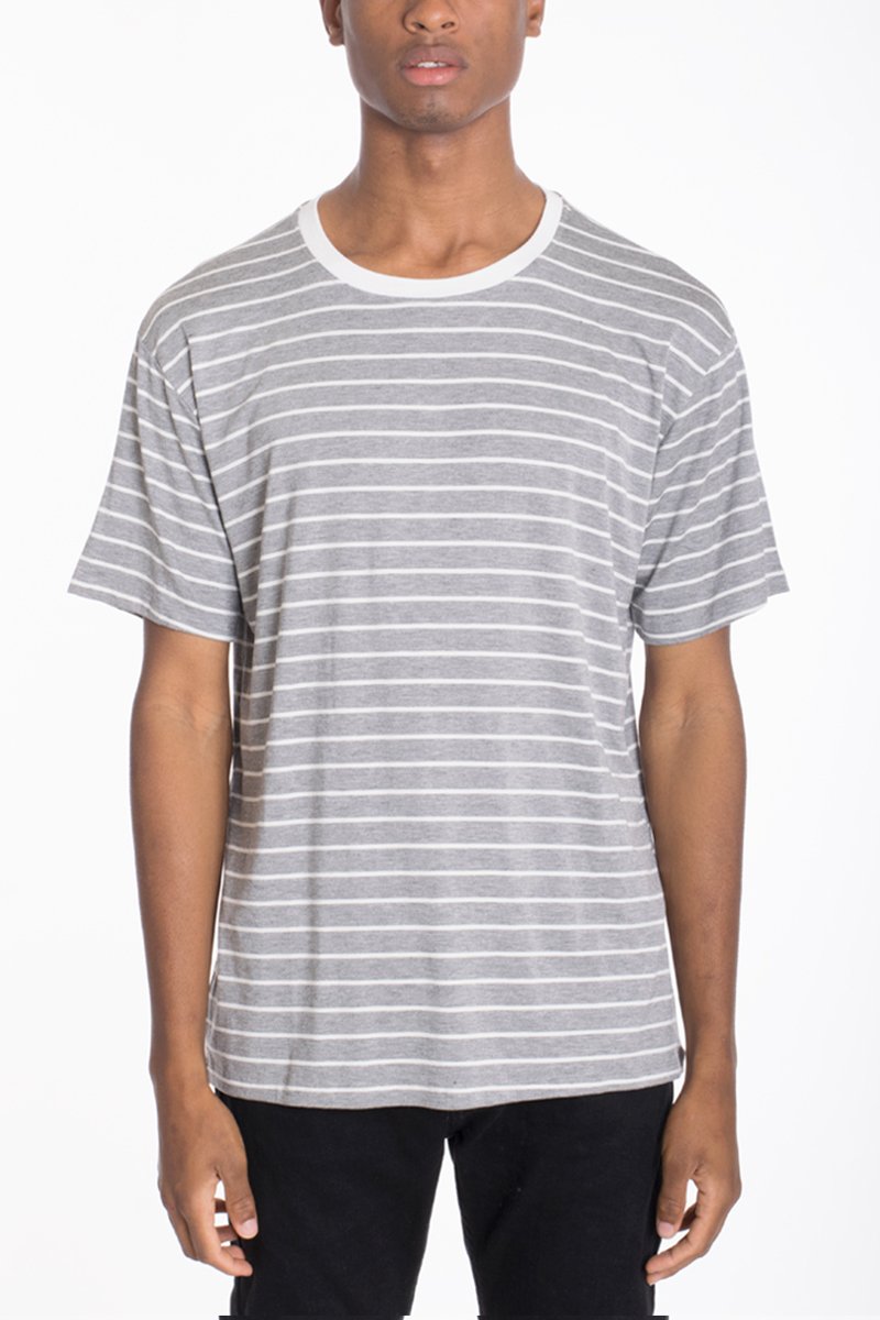 A stylish Cotton Stripe Tee featuring a round neck with white trim and drop shoulder short sleeves, perfect for casual wear.