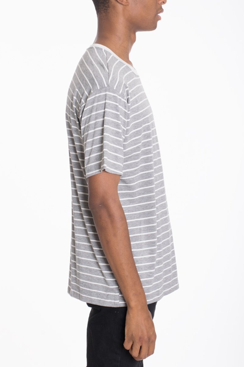 A stylish Cotton Stripe Tee featuring a round neck with white trim and drop shoulder short sleeves, perfect for casual wear.