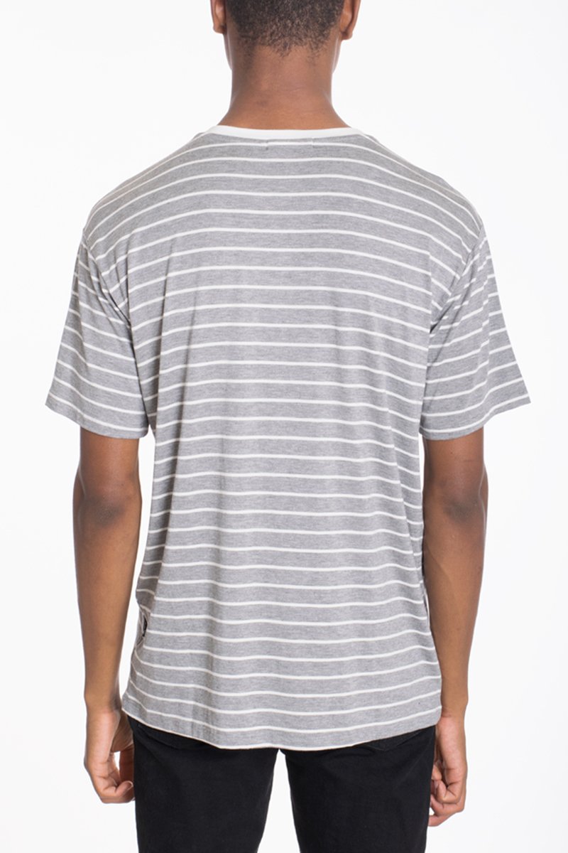 A stylish Cotton Stripe Tee featuring a round neck with white trim and drop shoulder short sleeves, perfect for casual wear.