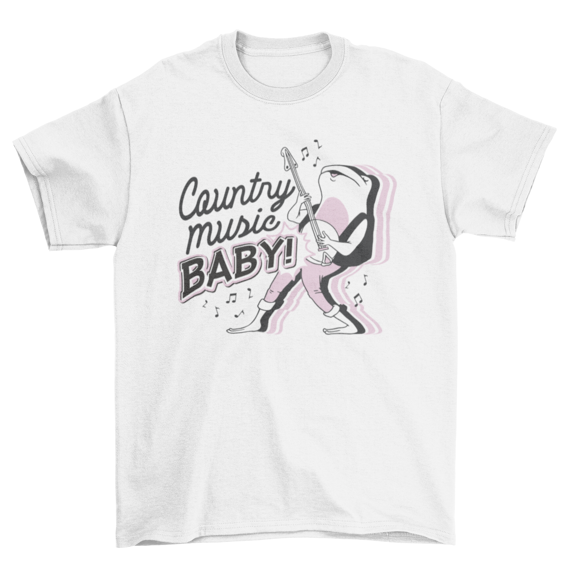 A playful frog cartoon playing the banjo on a t-shirt with the quote 'Country music baby!'