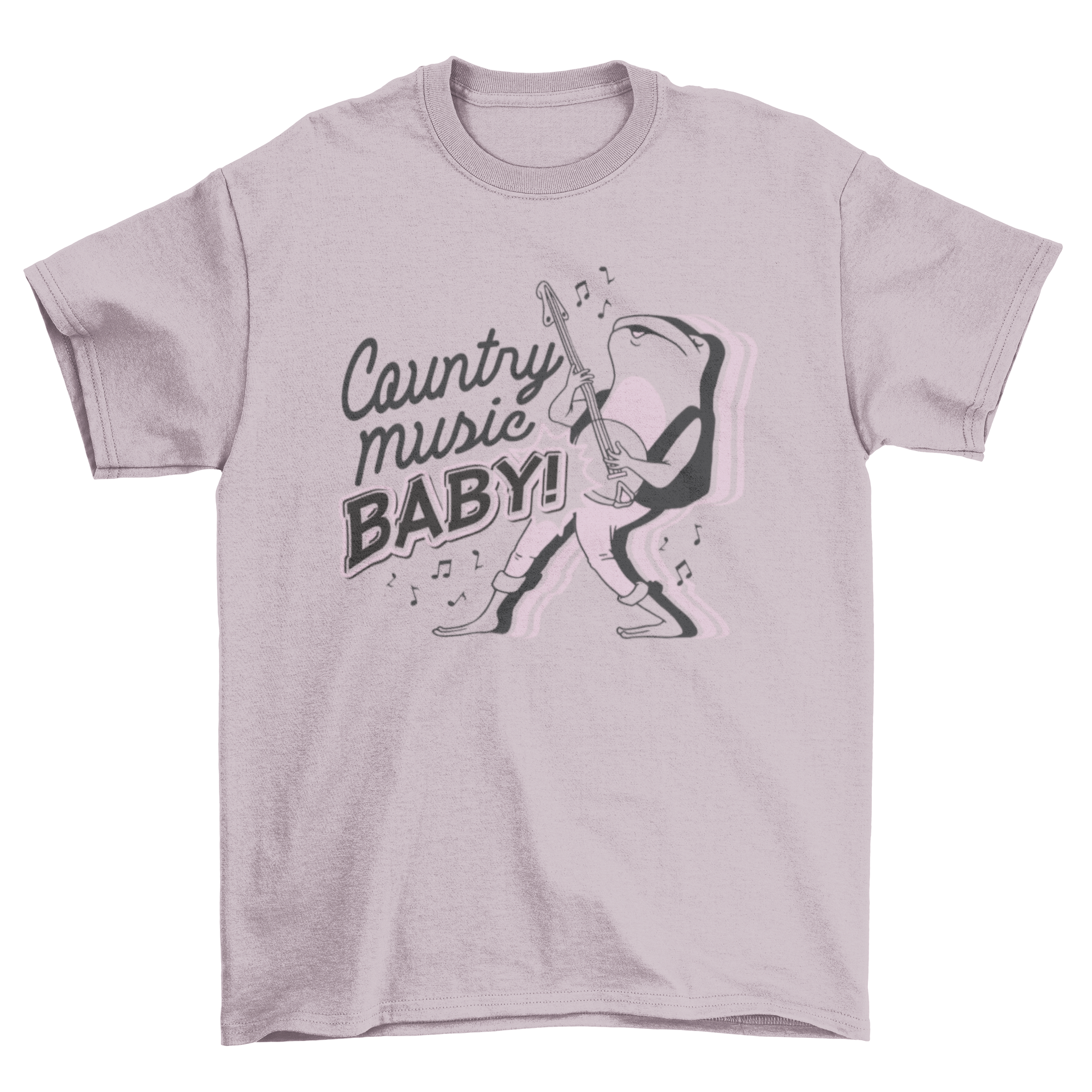 A playful frog cartoon playing the banjo on a t-shirt with the quote 'Country music baby!'