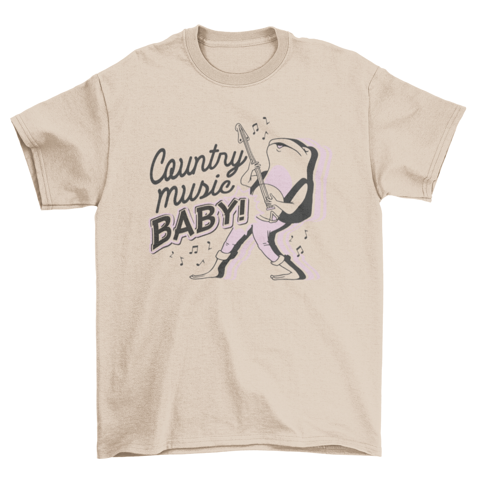 A playful frog cartoon playing the banjo on a t-shirt with the quote 'Country music baby!'