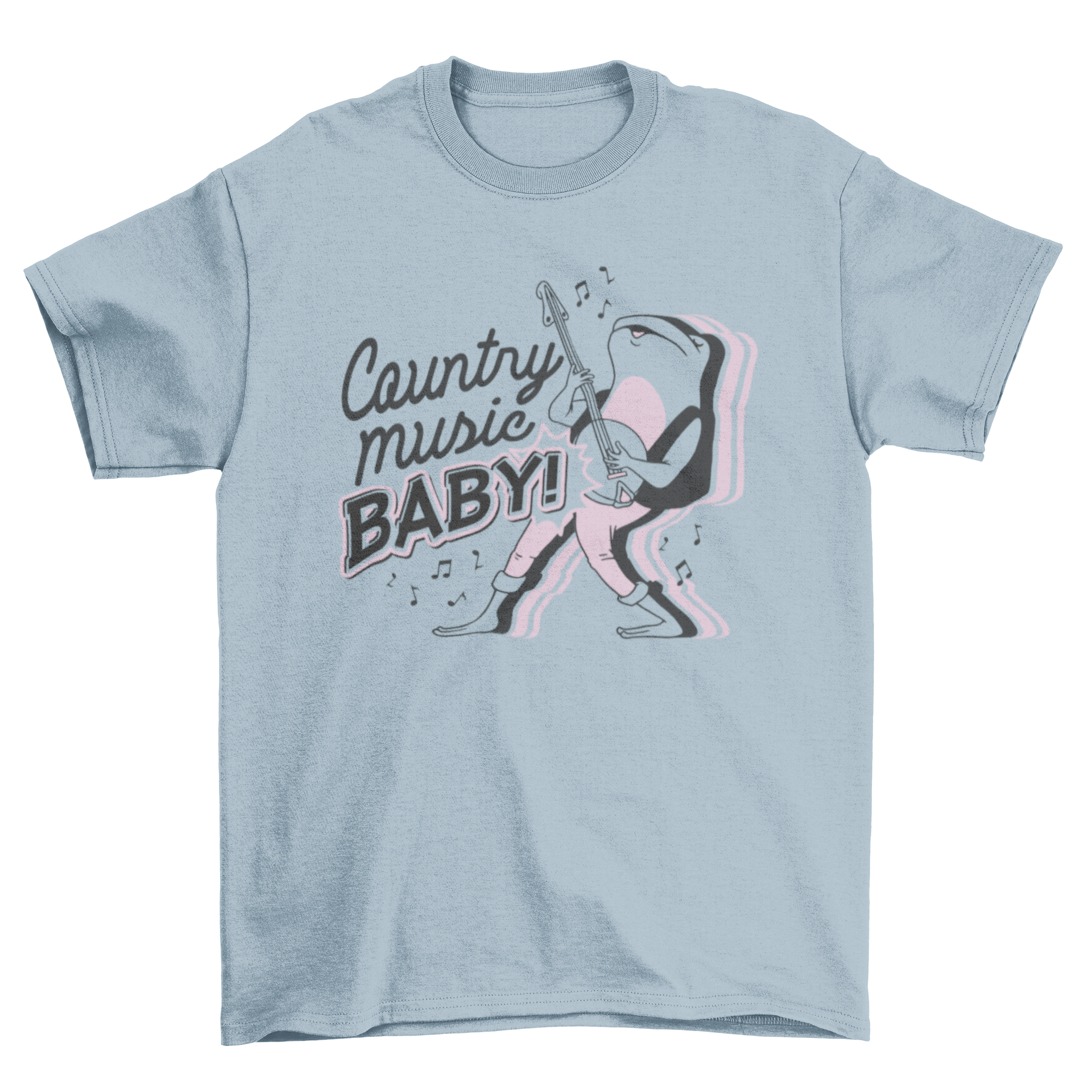 A playful frog cartoon playing the banjo on a t-shirt with the quote 'Country music baby!'